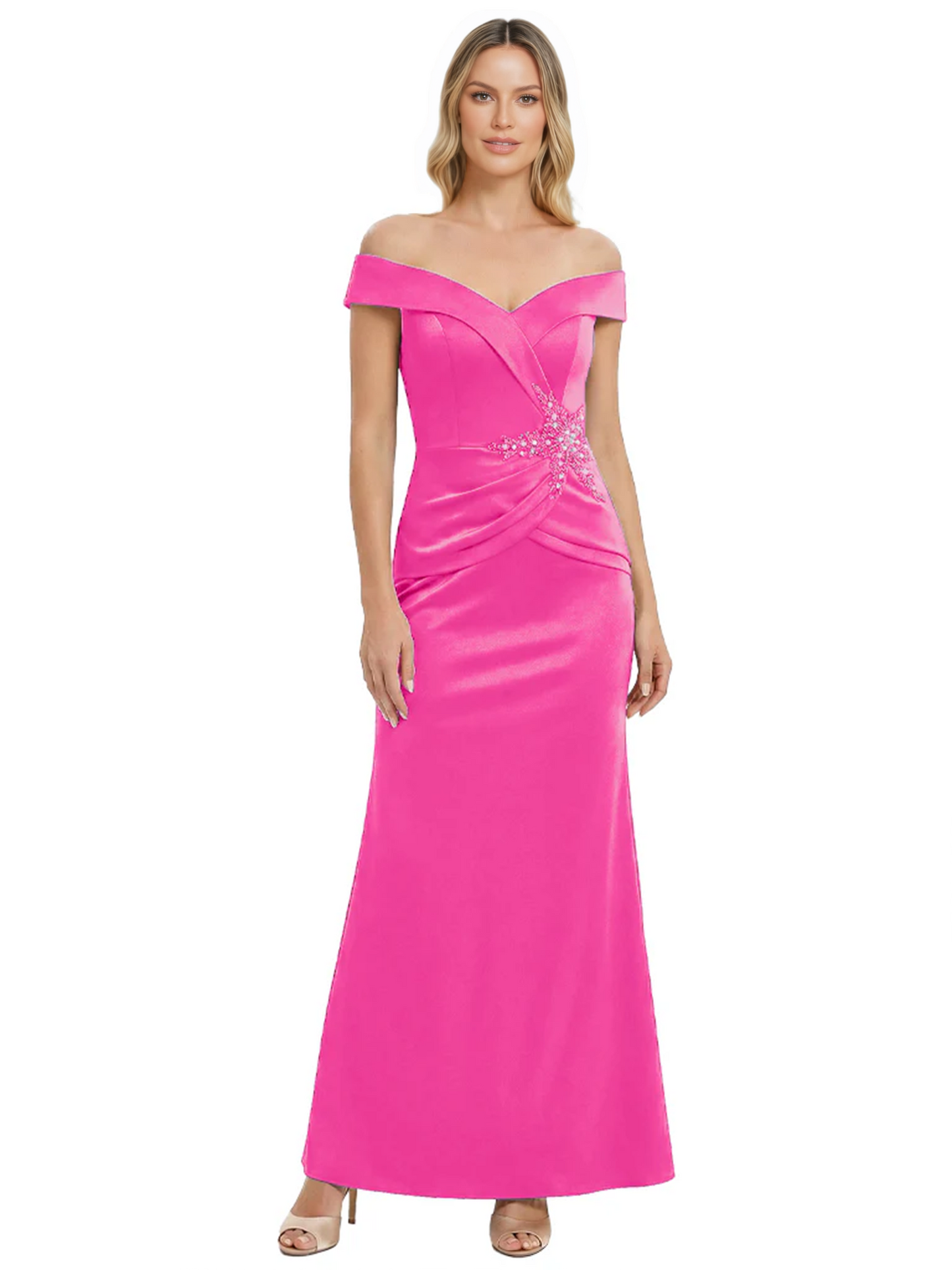 Off Shoulder Mother of the Bride Dress Beaded Waist Satin Gown Portrait Neckline