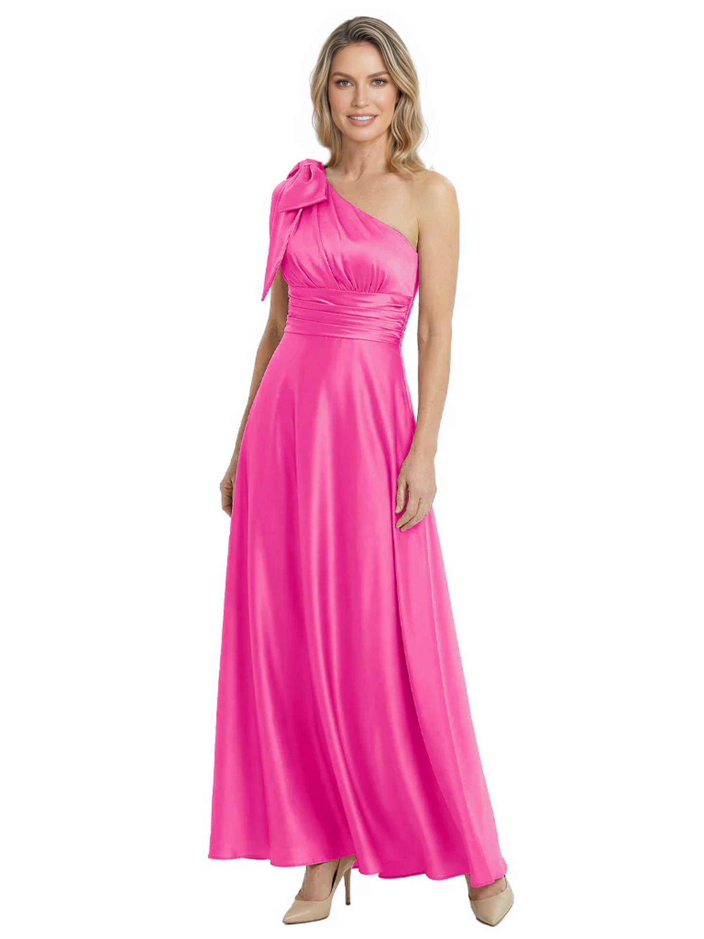 One-Shoulder Mother of the Bride Dress Satin Gown with Bow Ruched Empire Waist