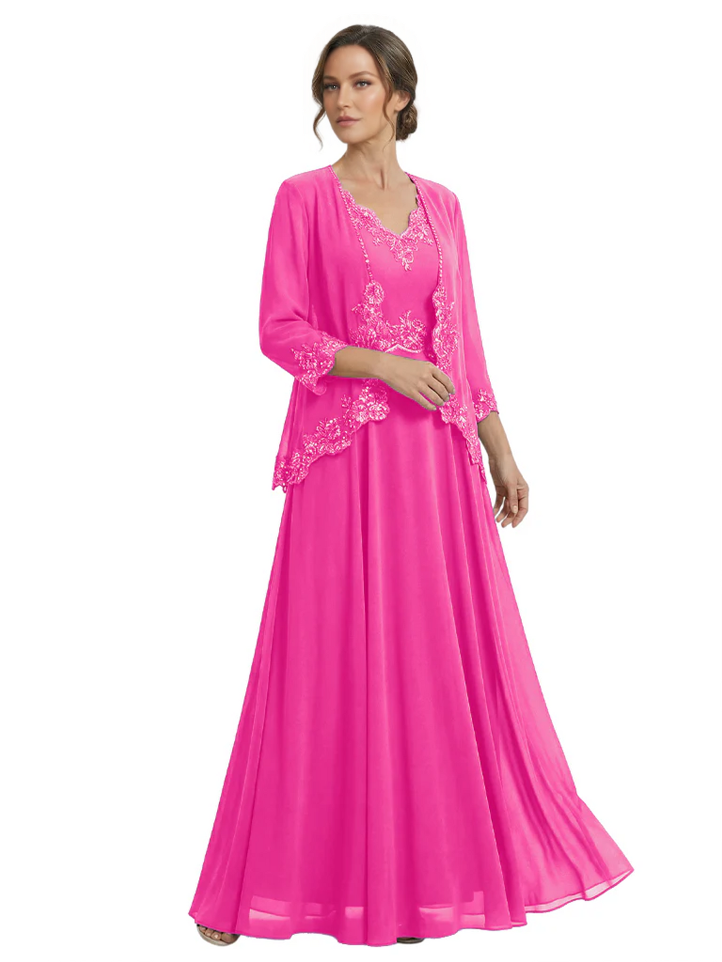 Plus Size A-line Chiffon 3/4 Sleeves Mother of the Brides Dresses Long Jacket Dress