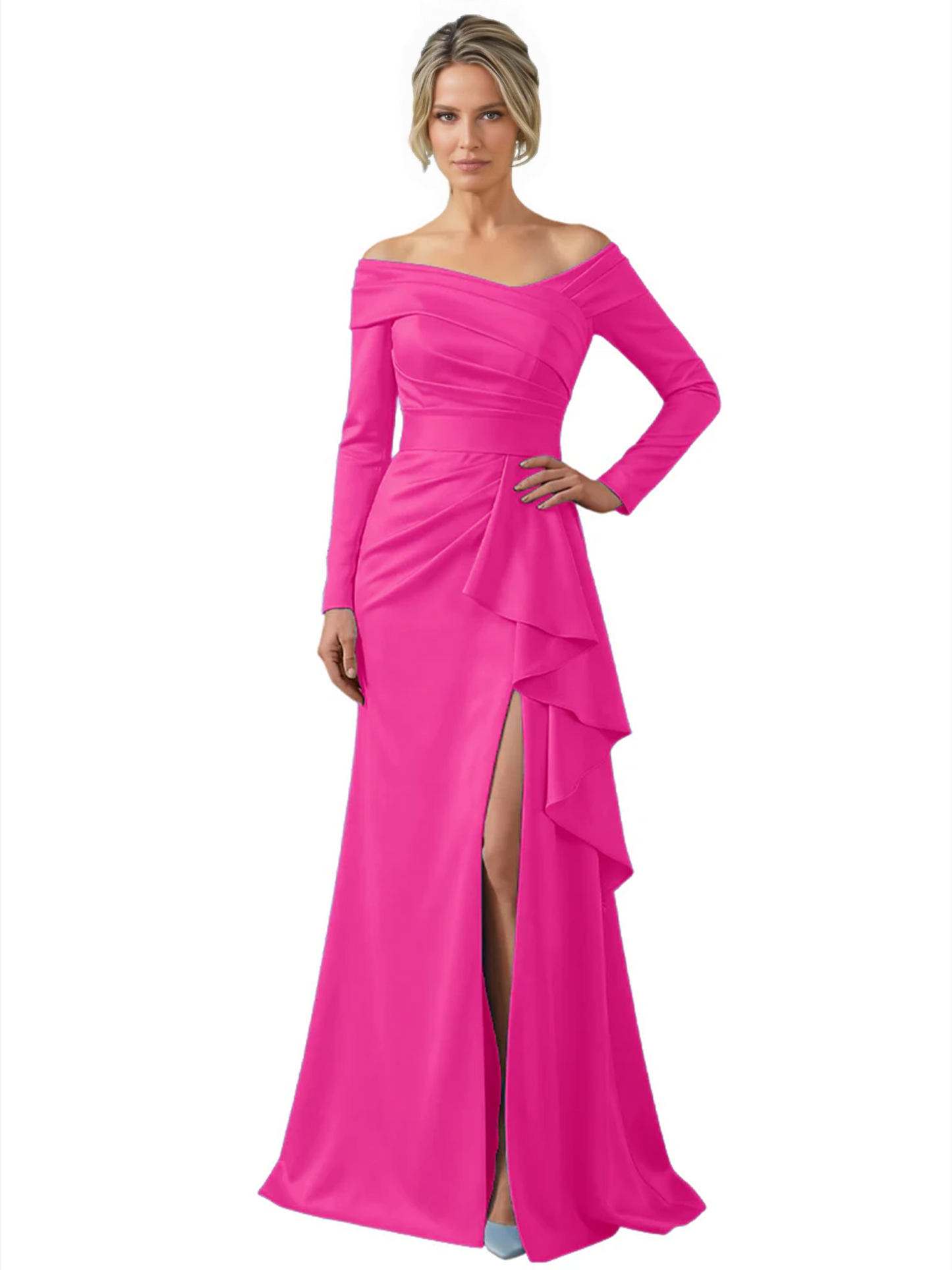 Elegant Mother of the Groom Dress Cascading Ruffle Satin Gown with High Slit Long Sleeves