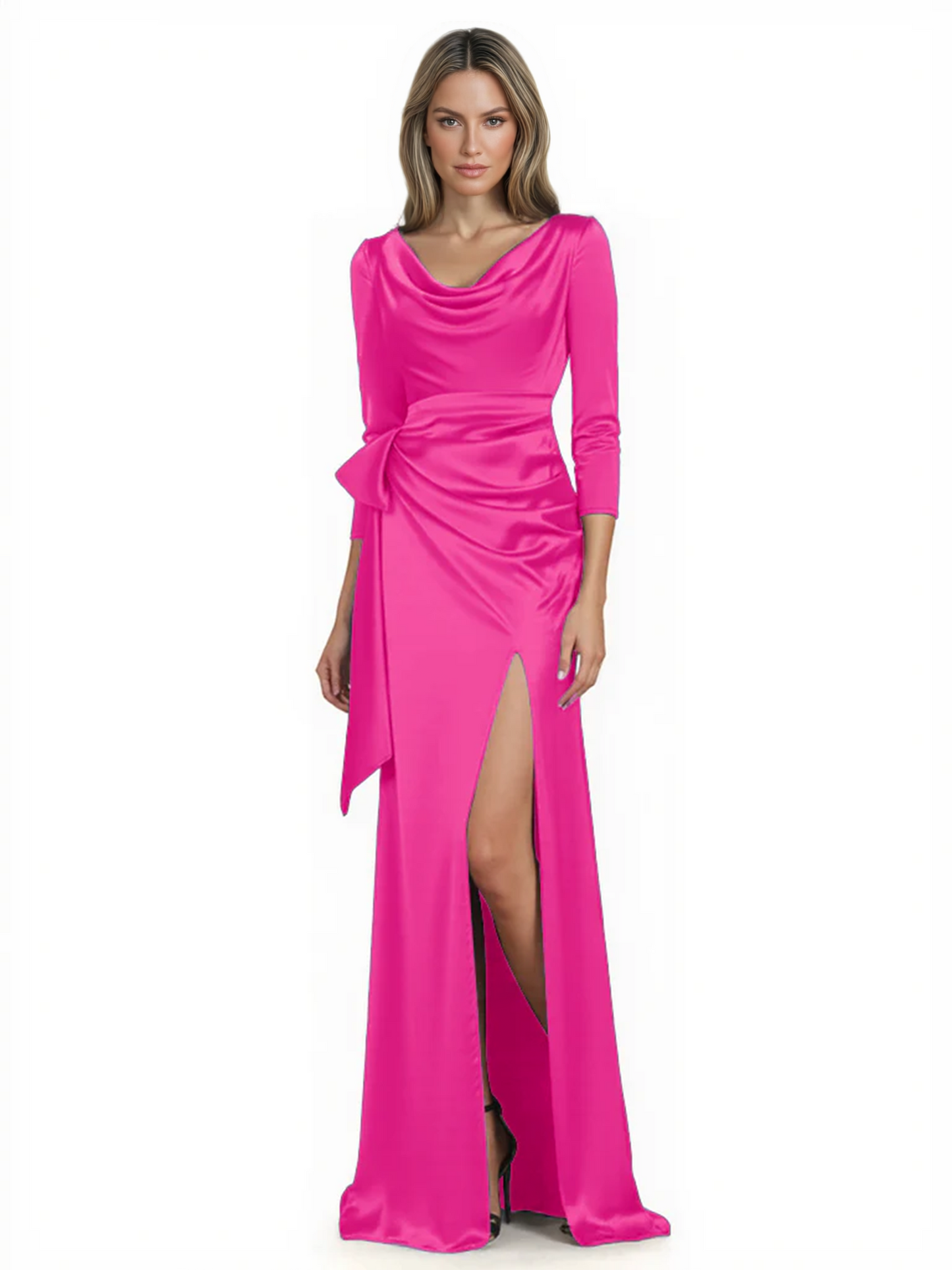 Elegant Evening Gowns Slit Trending Styles Satin Slit Formal Dress Cowl Neckline Gown Tie