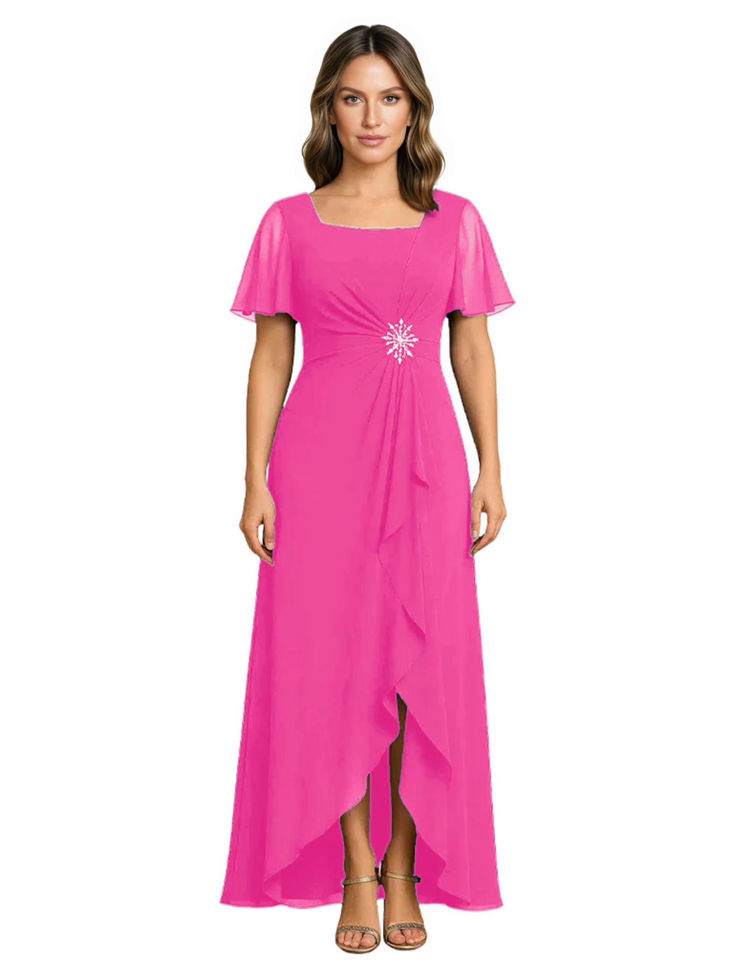 Formal High-Low Mother of the Bride Gown Sleeved Chiffon Maxi Dress Ruched Waist