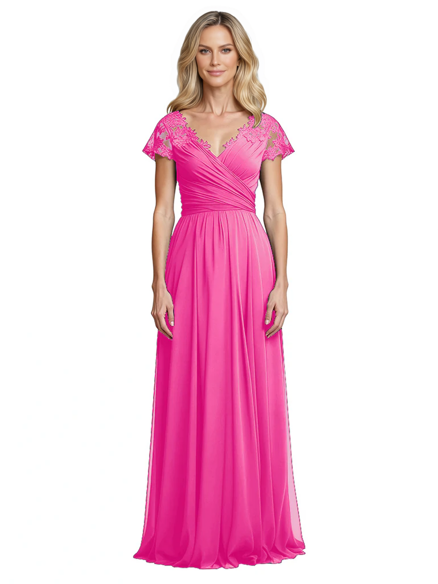 Mother of the Bride Dress Cap Sleeves and V-Neckline with Embroidered Lace Shoulders