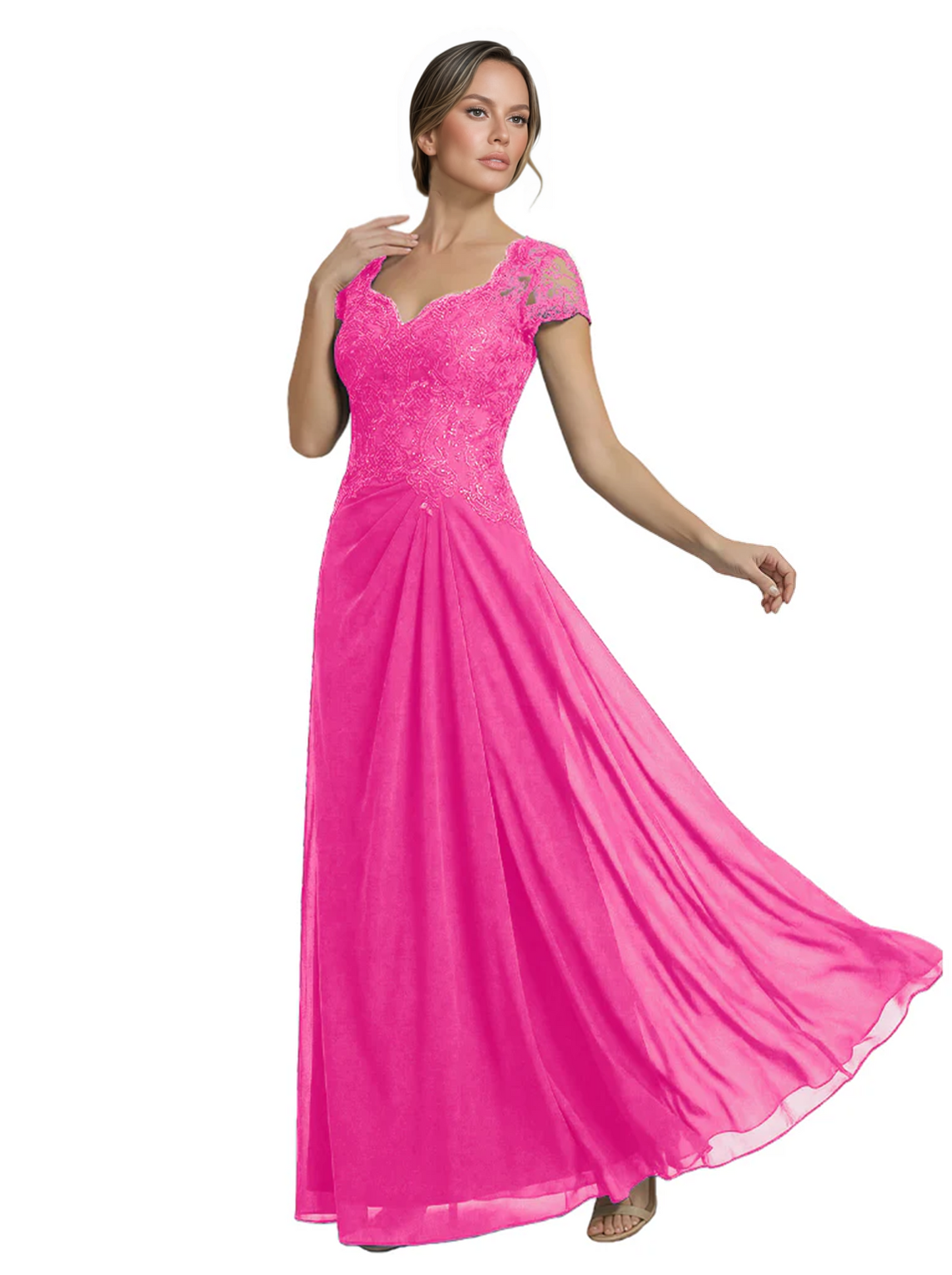 Long A-line Chiffon Short Sleeves Mother of the Brides Dresses Lace Wedding
