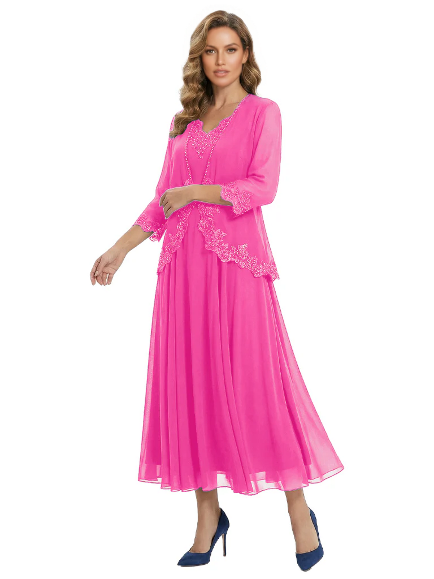 3/4 Sleeve Chiffon Mother of the Brides Dresses V-Neck Wedding Party Gowns