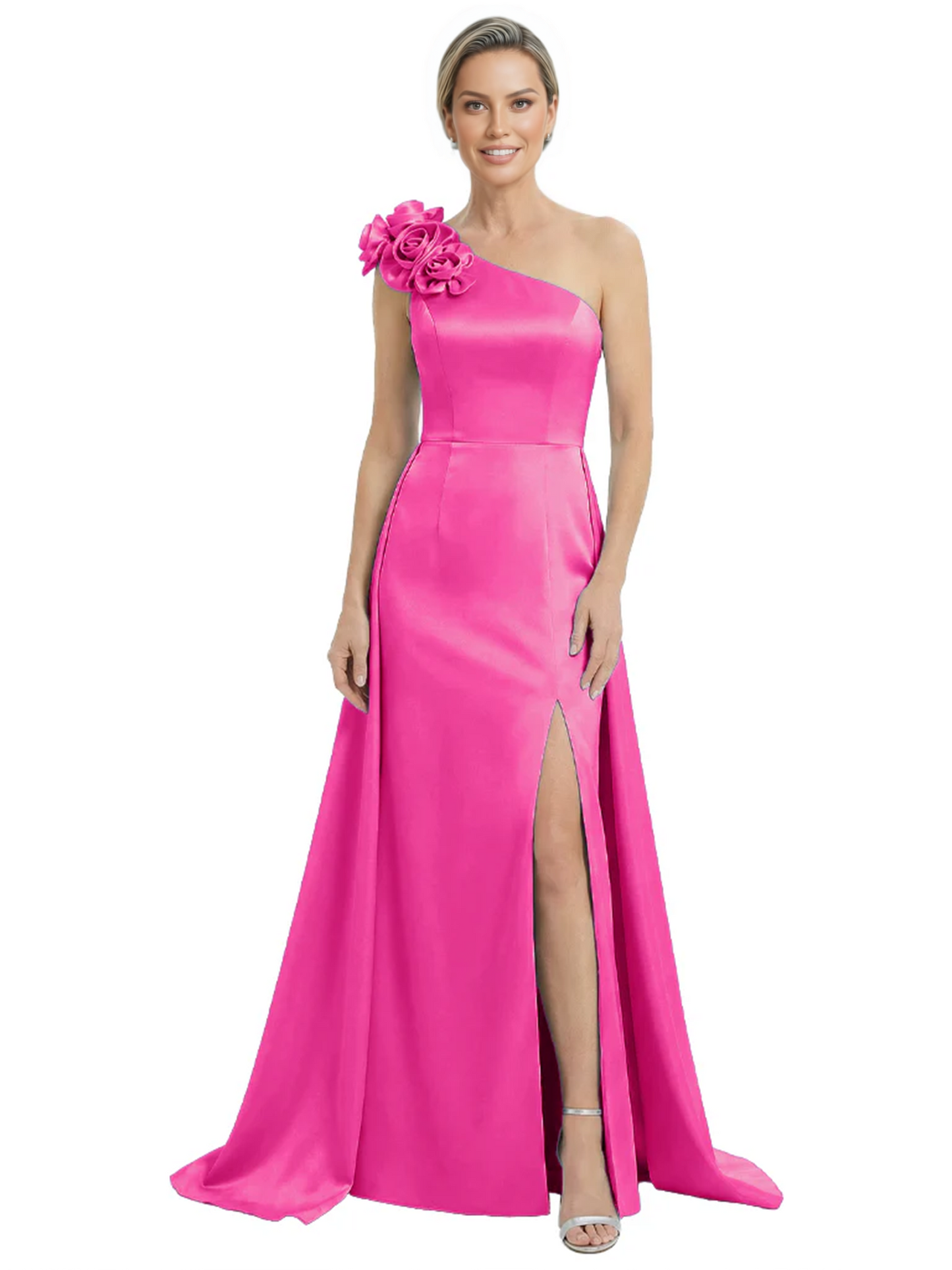 One Shoulder Mother of the Bride Dress with 3D Floral Detail Formal Dress A-Line Gowns with Slit