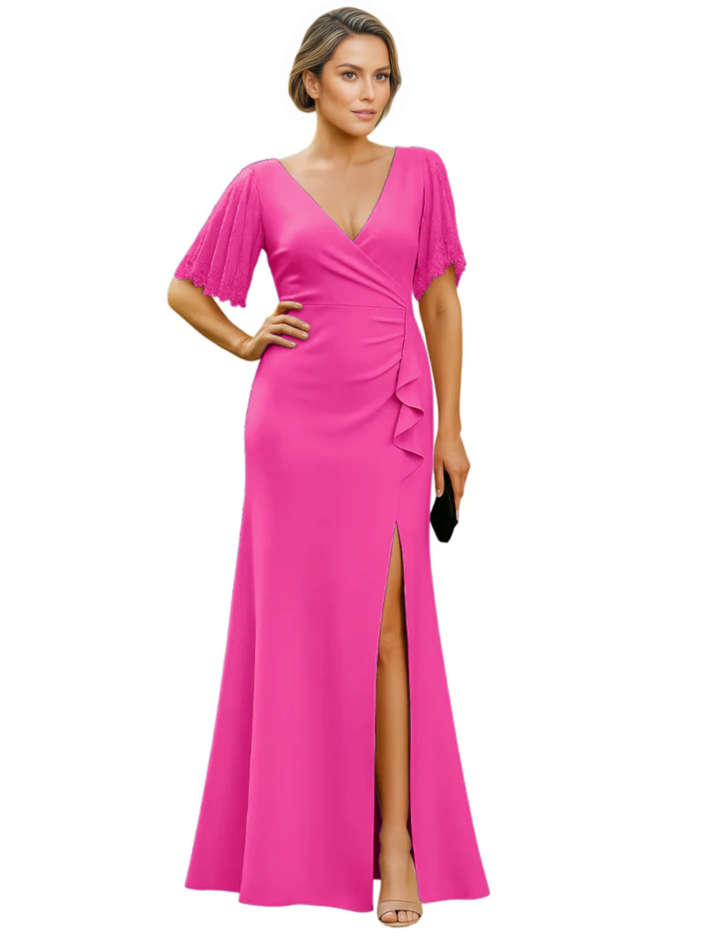 Elegant Evening Gown Trending V-Neck & Ruffle Detail Mother of Bride Outfits Slit