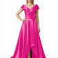 Off Shoulder Mother of the Bride Dress High-Low Satin Gown with Portrait Neckline