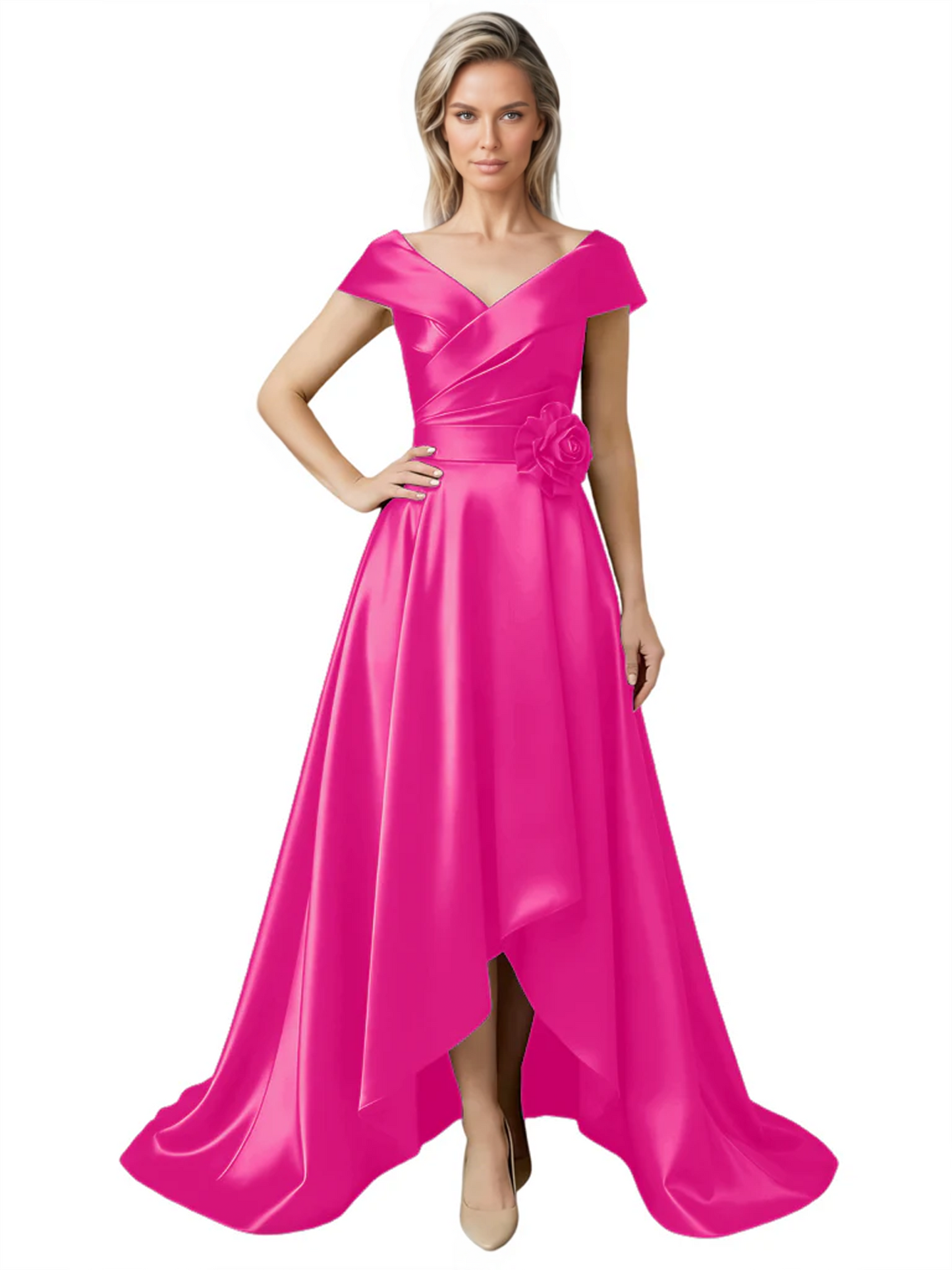 Off Shoulder Mother of the Bride Dress High-Low Satin Gown with Portrait Neckline