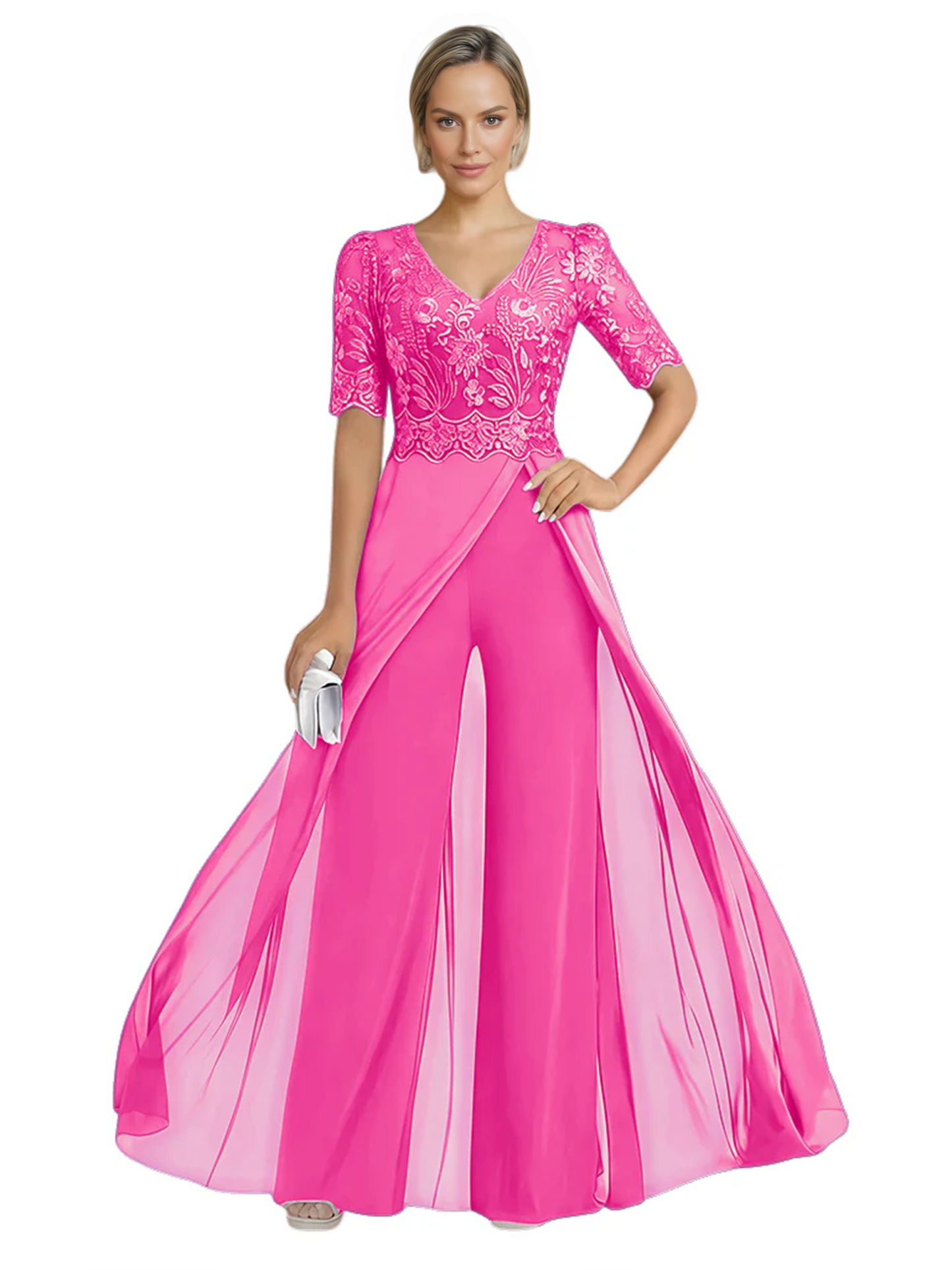 V-Neck Chiffon Mother of the Brides Jumpsuits Dresses Floor Length A-Line Lace