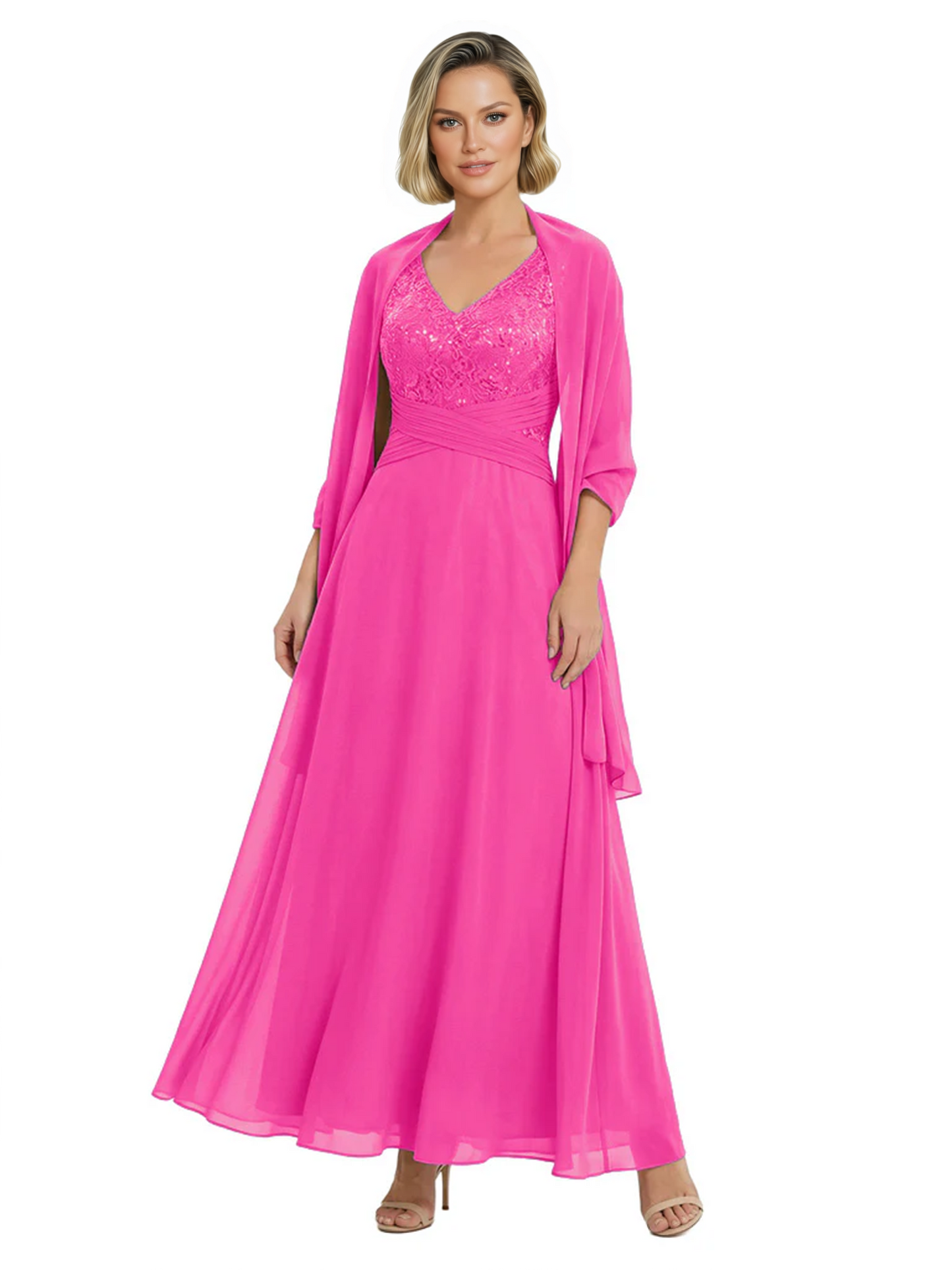 Luxury Formal Mother of Bride Dress Sparkling Sequin Top & Flowy Chiffon Skirt with Shawl