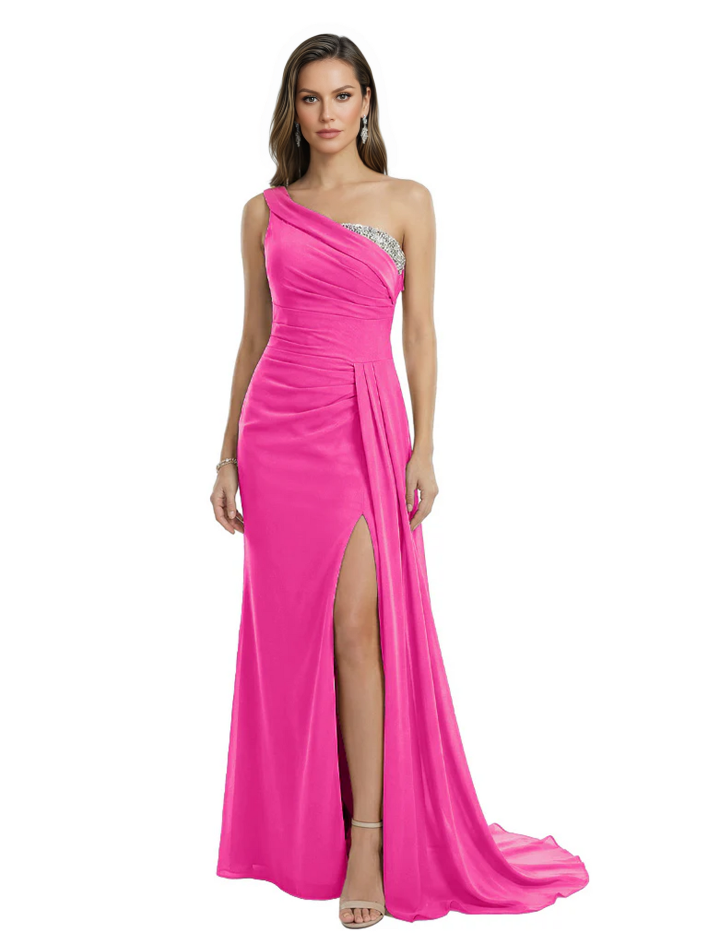 One Shoulder Mother of Bride Dress Ruffle Formal Gowns Mermaid Floor Length Train Slit