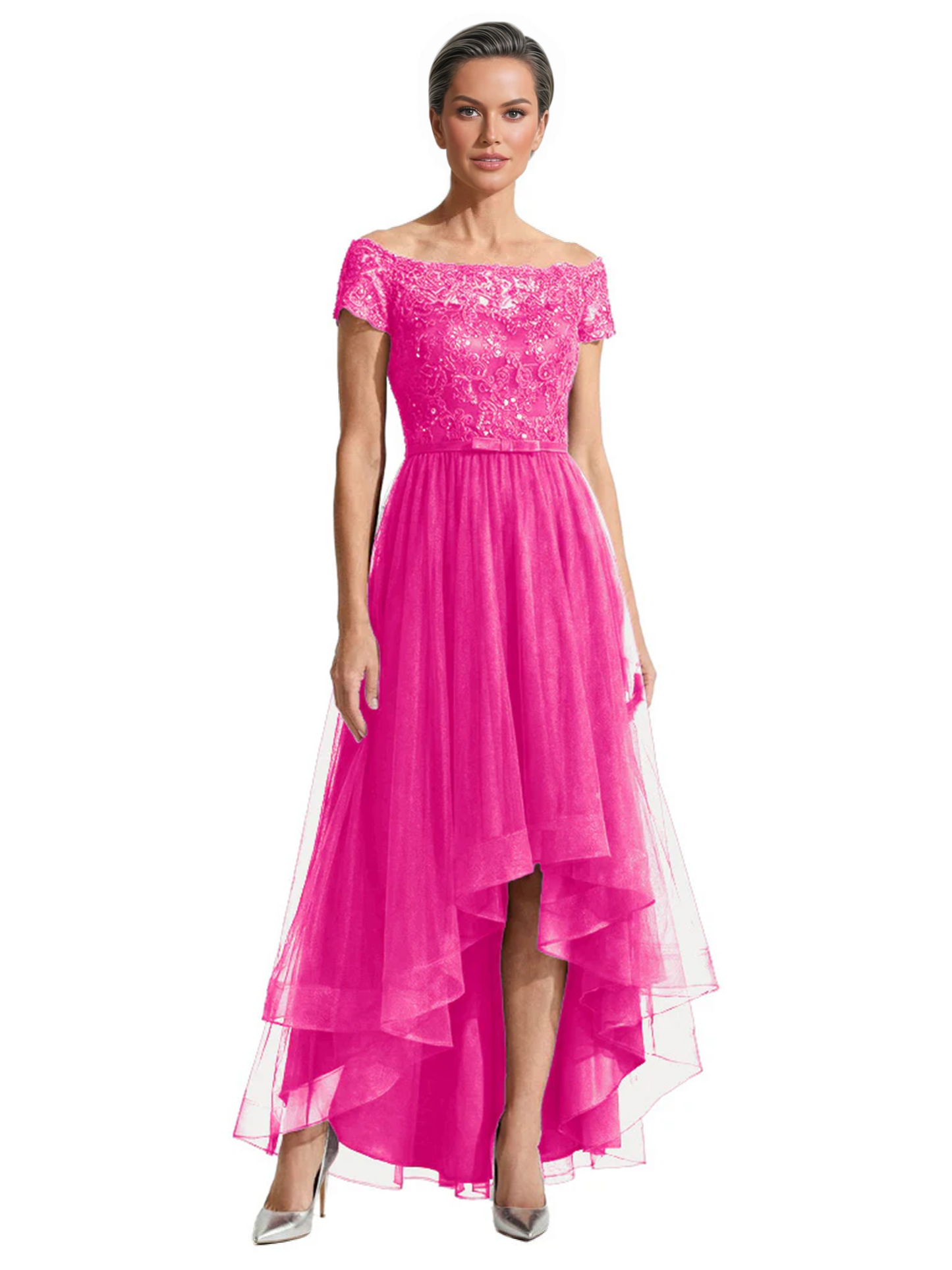 Formal High-Low Mother of the Bride Gown Short Sleeve Lace Maxi Dress with Tiered Skirt