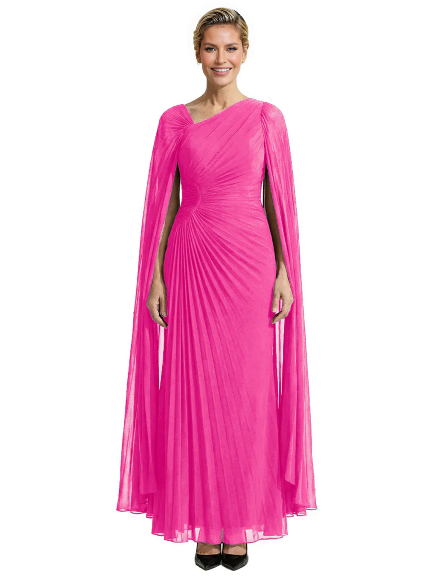 Elegant Asymmetric Neck Long A-Line Chiffon Mother of the Brides Dresses Mom Outfit with Cape