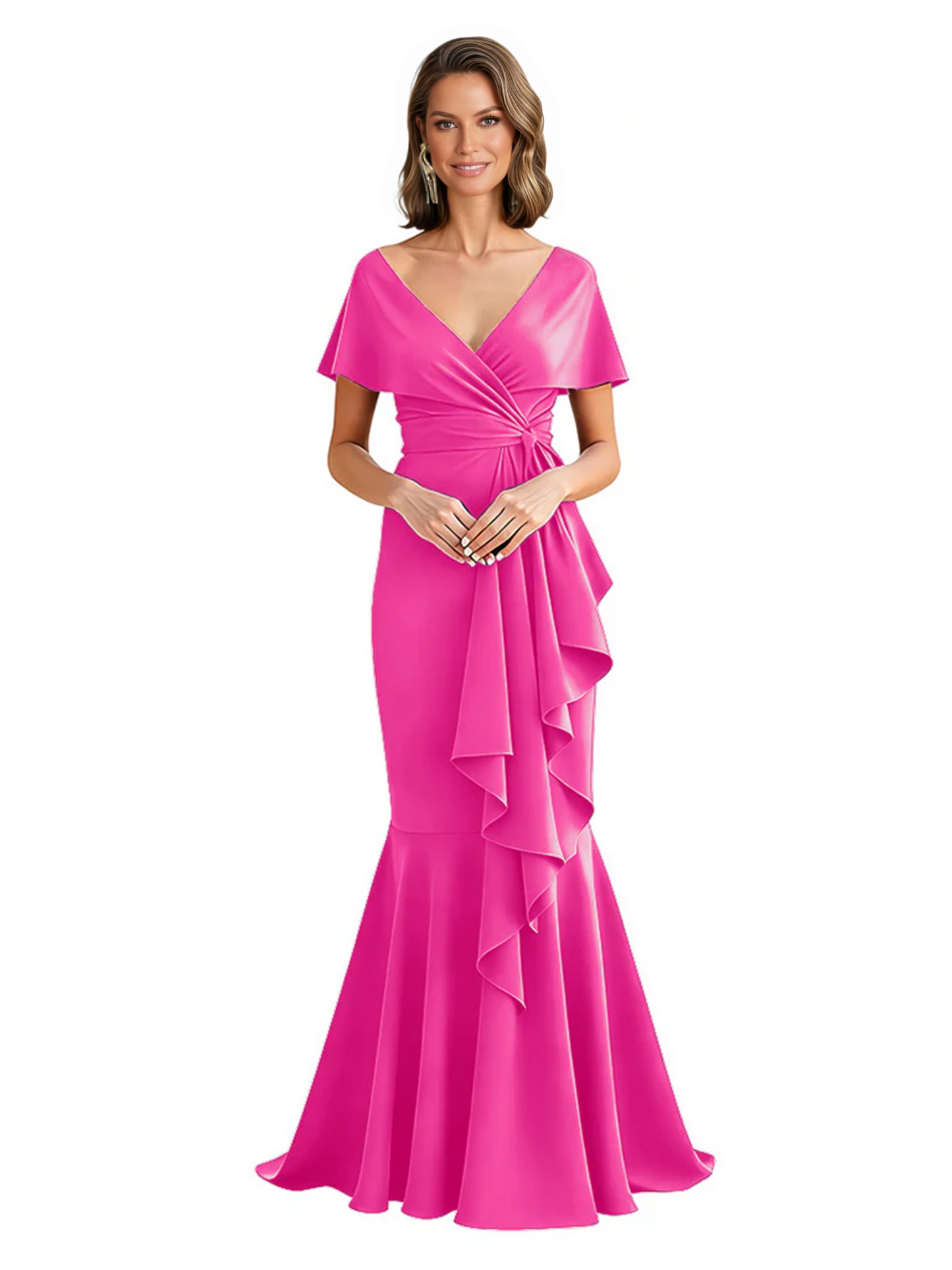 Satin Mother of the Bride Dress with Cascading Ruffles and Mermaid Tail V-Neck