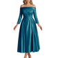 Off Shoulder Mother of the Bride Dress Tea-Length Satin Gown with Lace Applique