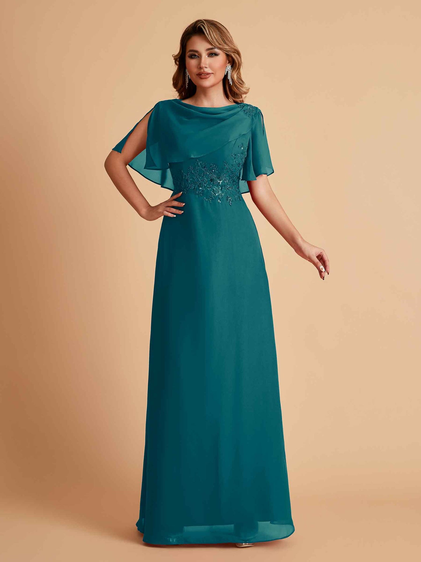 Elegant A-Line Chiffon Half Sleeves Jewel Mother of the Brides Dresses Online