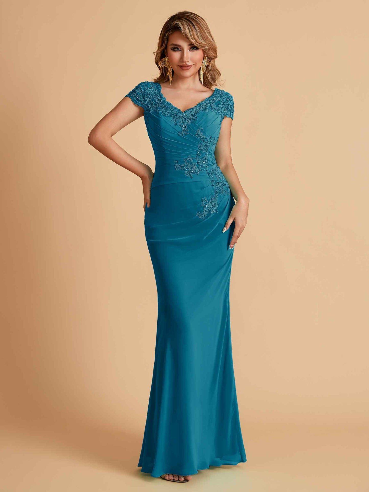 Elegant Mermaid Chiffon Cap Sleeves V-Neck Mother of the Brides Dresses Online