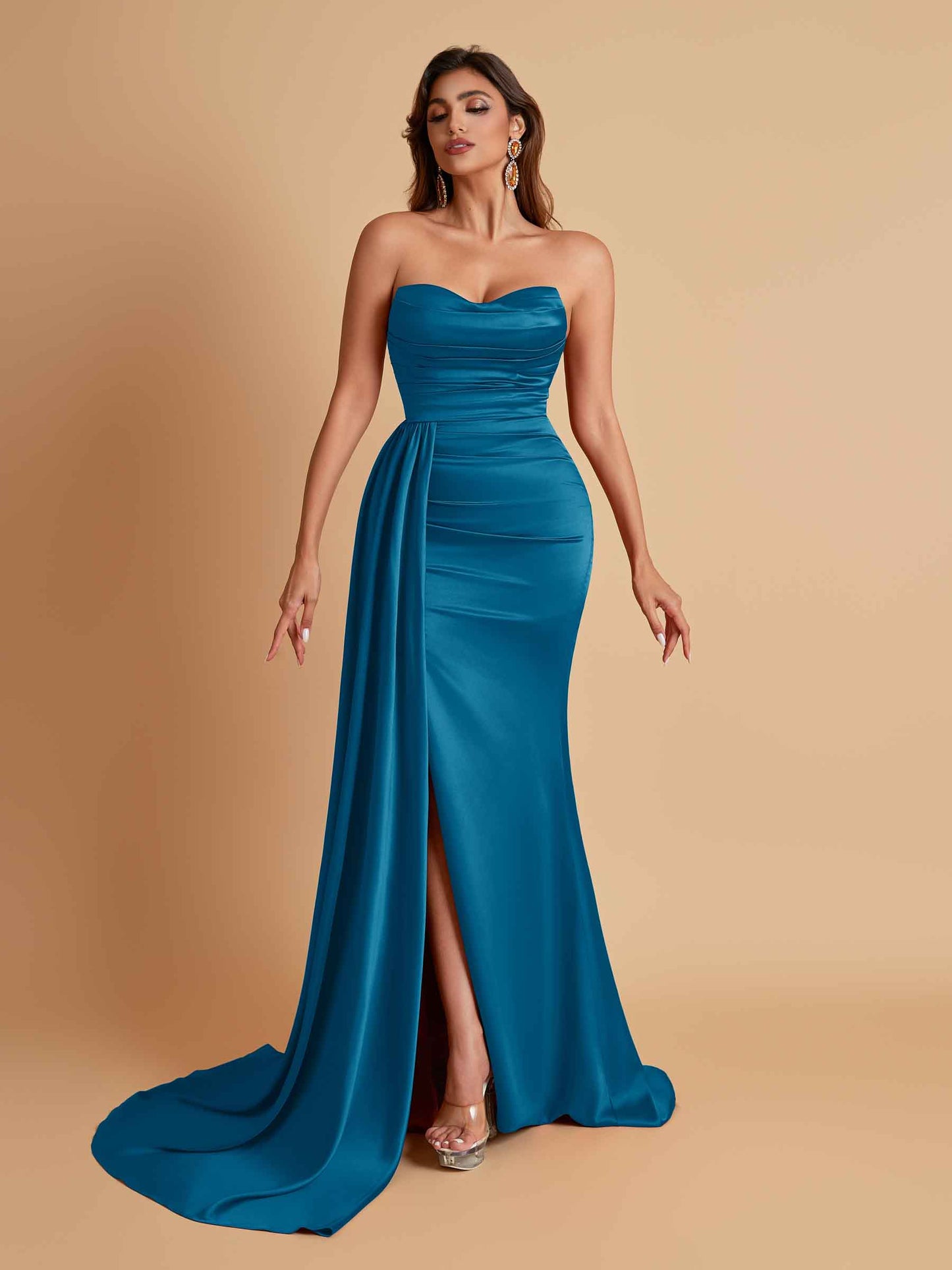Elegant Soft Satin Sweetheart Strapless Side-Slit Mermaid Bridesmaid Dresses