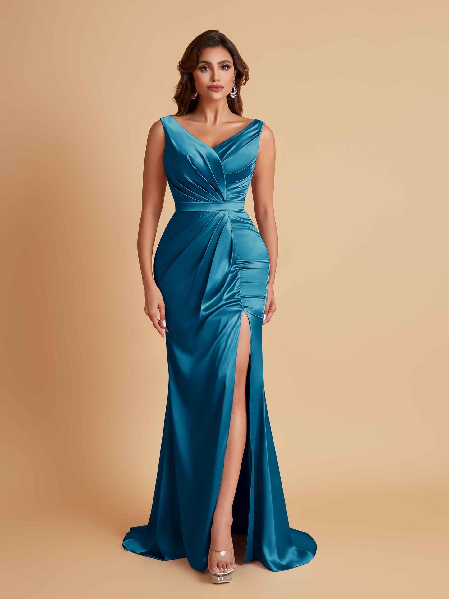 Elegant V Neck Soft Satin Side Slit Floor-Length Mermaid Bridesmaid Dresses