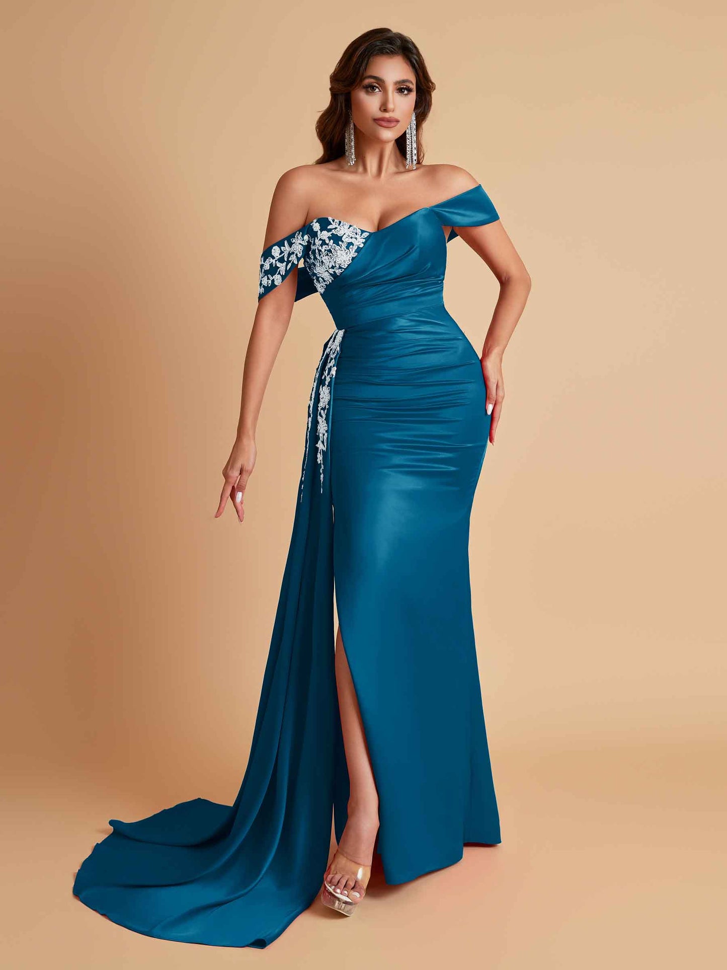 Elegant Soft Satin Mermaid Off Shoulder Floor-Length Mermaid Bridesmaid Dresses