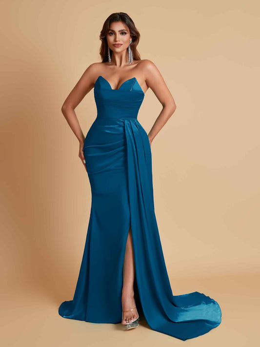 Gorgeous Strapless Soft Satin Side Slit Floor-Length Mermaid Bridesmaid Dresses
