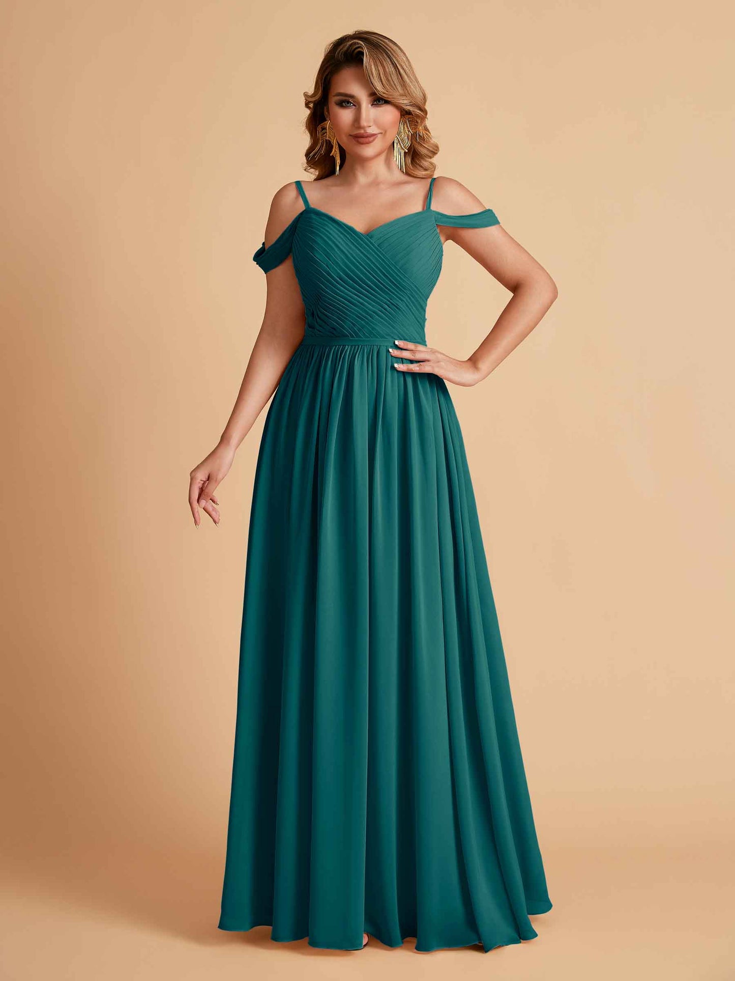 Elegant A-line Chiffon Off The Shoulder V-Neck Bridesmaid Dresses Online