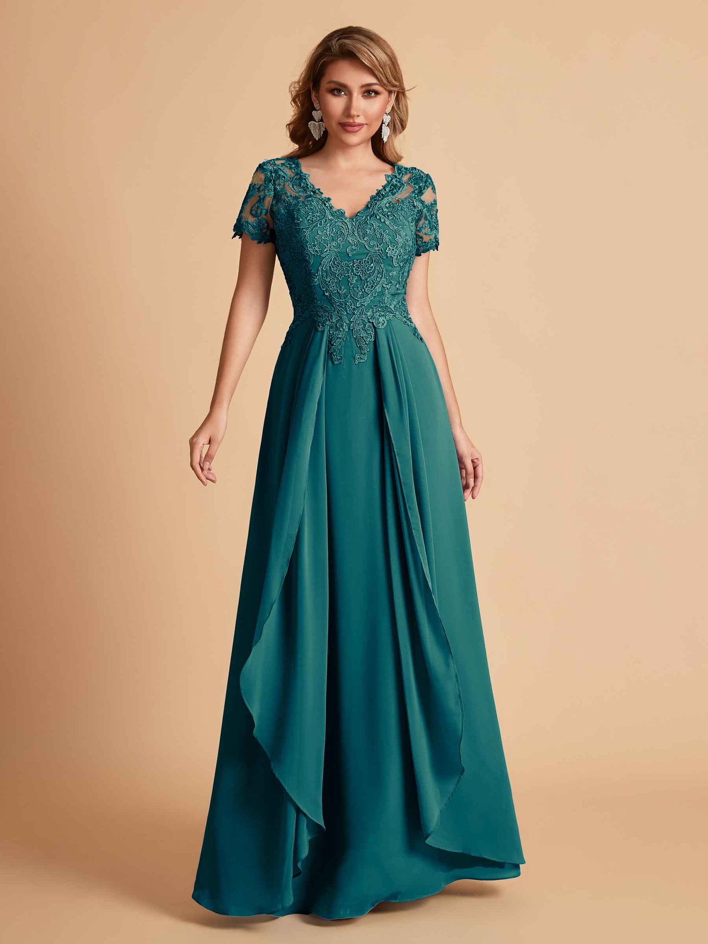 Elegant A-Line Chiffon Short Sleeves V-neck Mother of the Brides Dresses Lace Top MOB Dresses