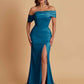 Elegant Soft Satin Mermaid Off Shoulder Asymmetrical Side Slit Floor-Length Bridesmaid Dresses