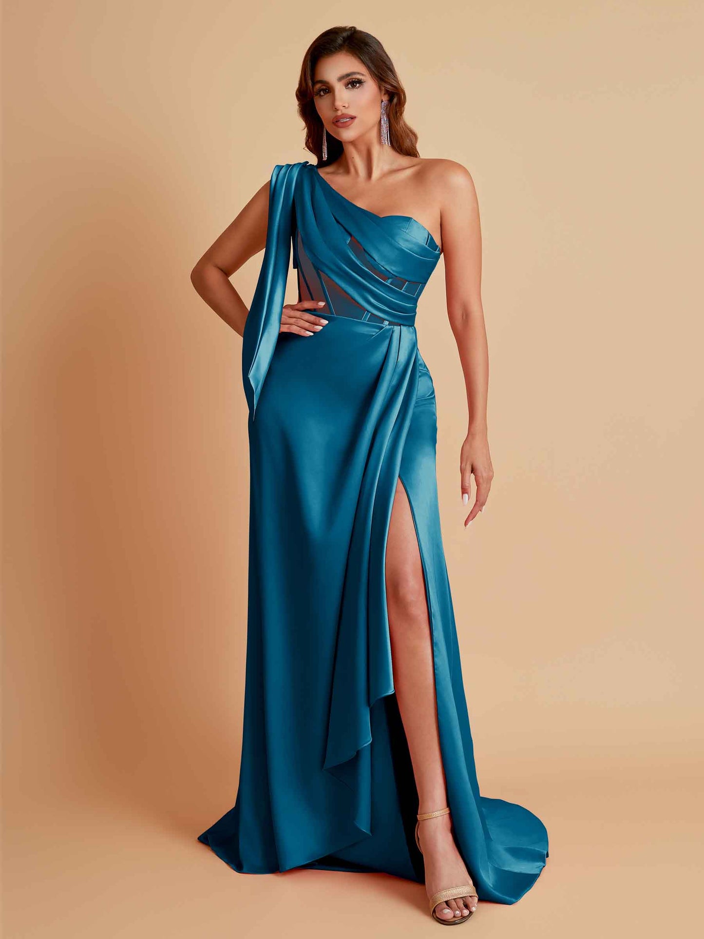 Sexy Soft Satin Mermaid One Shoulder Asymmetrical Side Slit Floor-Length Bridesmaid Dresses