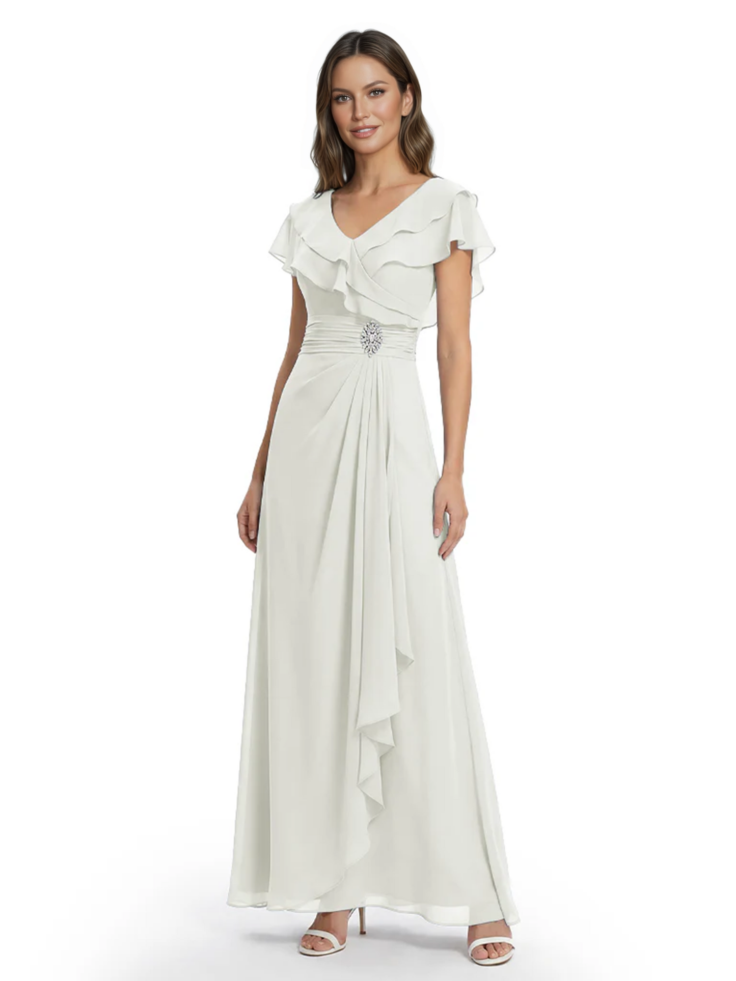 Elegant Mother of the Groom Dress Cascading Ruffle Chiffon Formal Gown Rhinestone