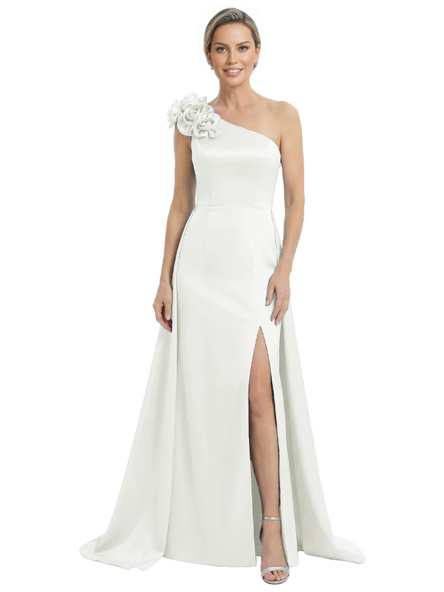 One Shoulder Mother of the Bride Dress with 3D Floral Detail Formal Dress A-Line Gowns with Slit