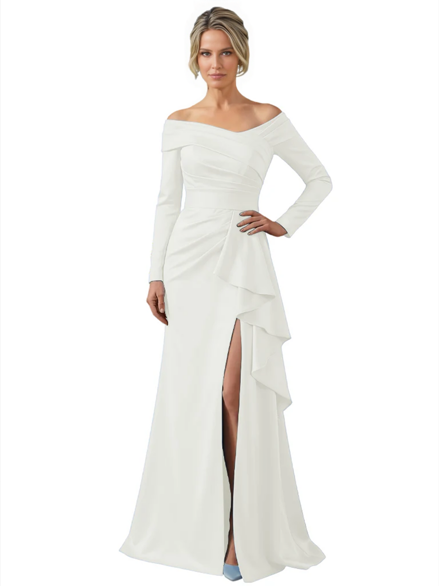 Elegant Mother of the Groom Dress Cascading Ruffle Satin Gown with High Slit Long Sleeves