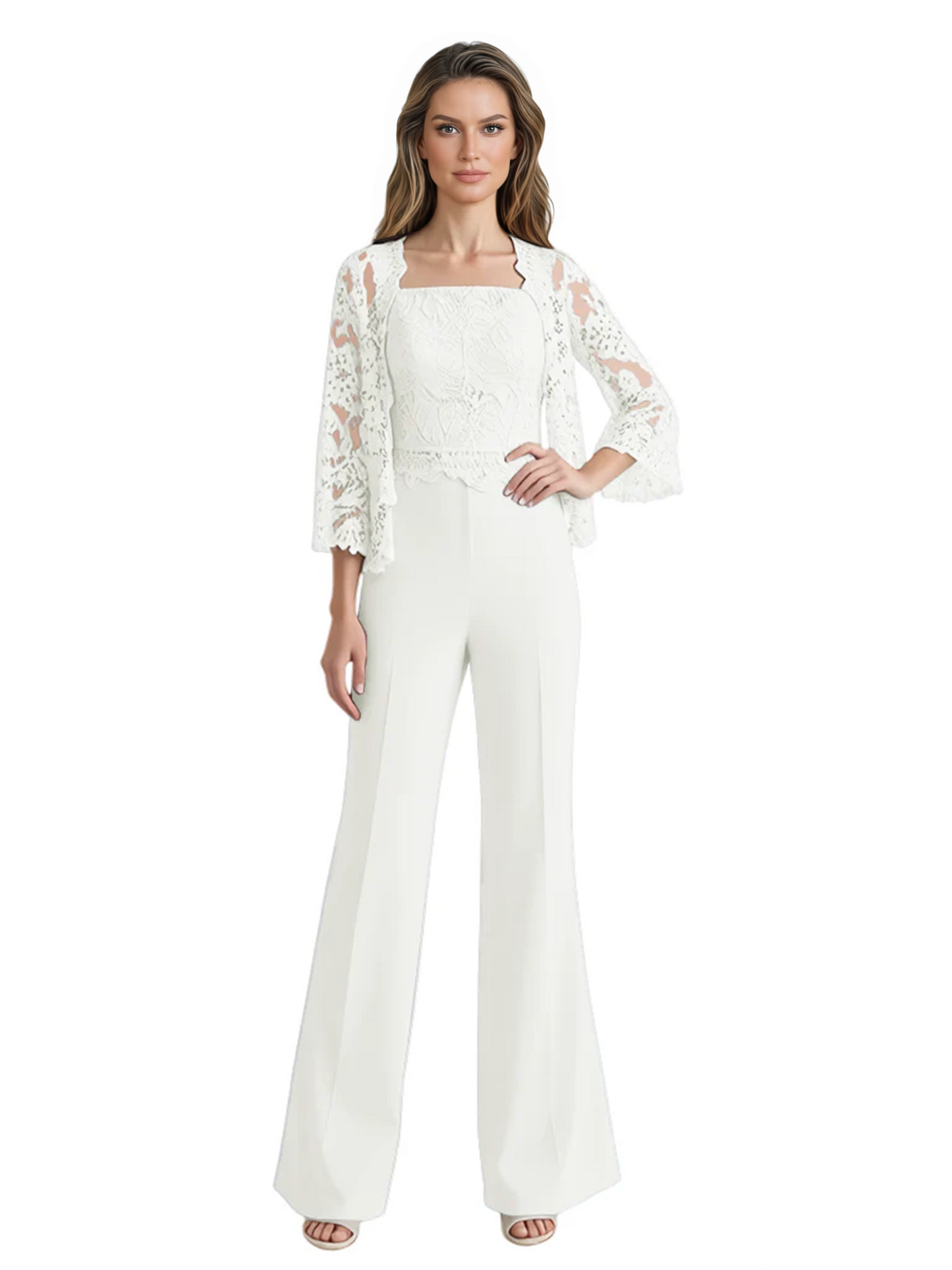 Mother of the Bride Jumpsuit with Lace Jacket 3/4 Sleeve Formal Pant Suit