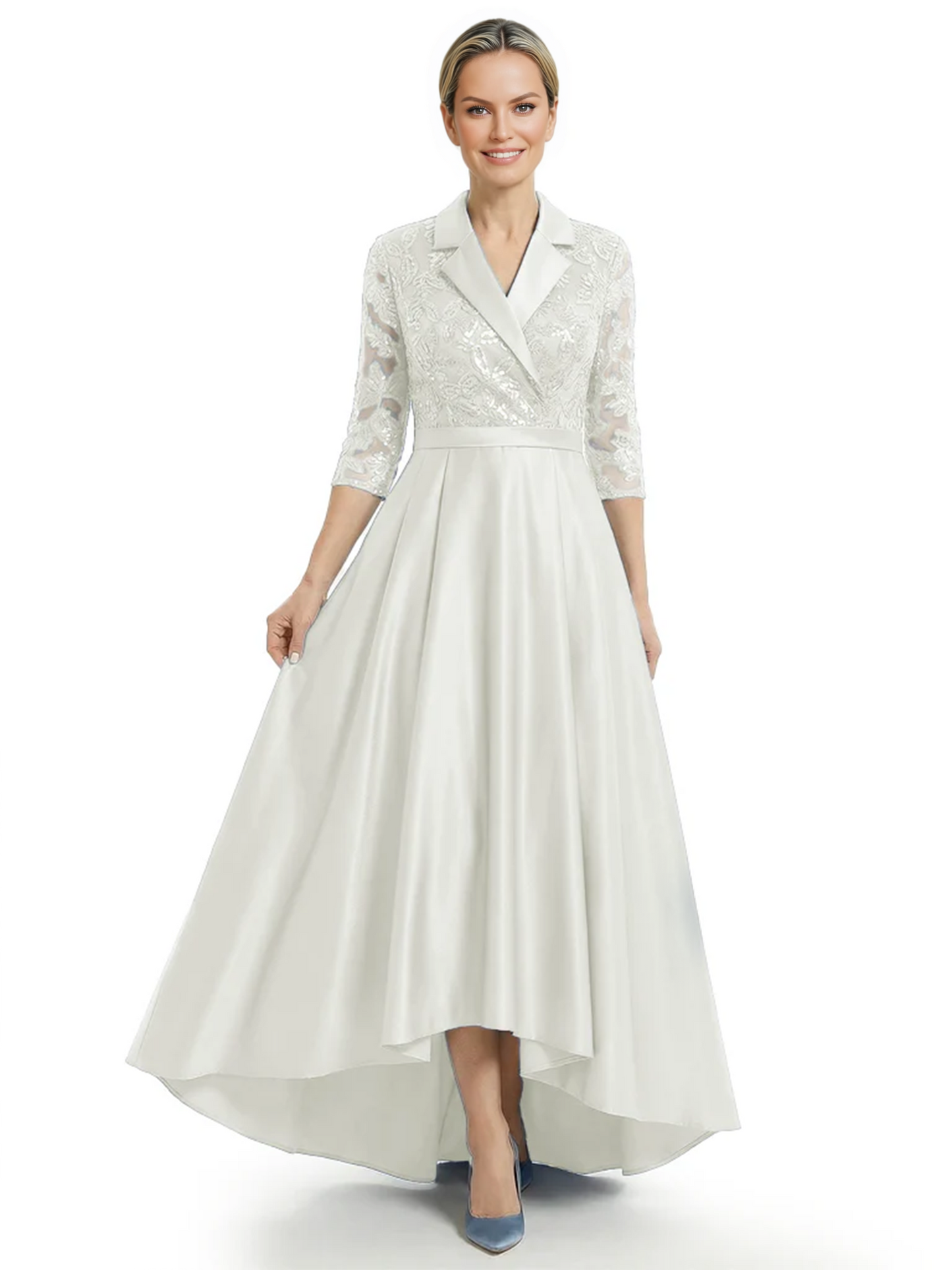 Elegant Mother of Bride Dress Evening Gowns Trending Styles with Lapel Collar 3/4 Sleeves