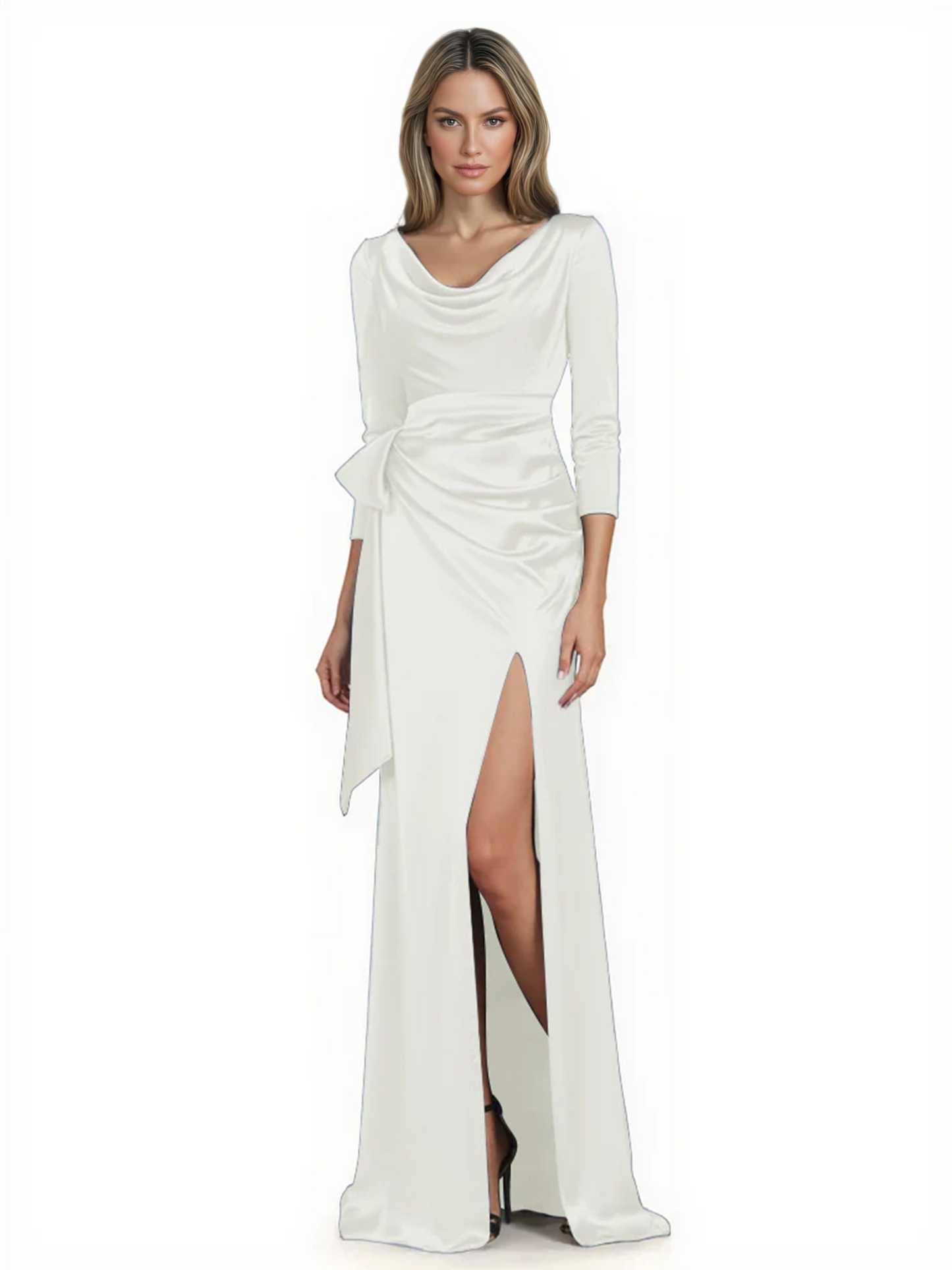 Elegant Evening Gowns Slit Trending Styles Satin Slit Formal Dress Cowl Neckline Gown Tie