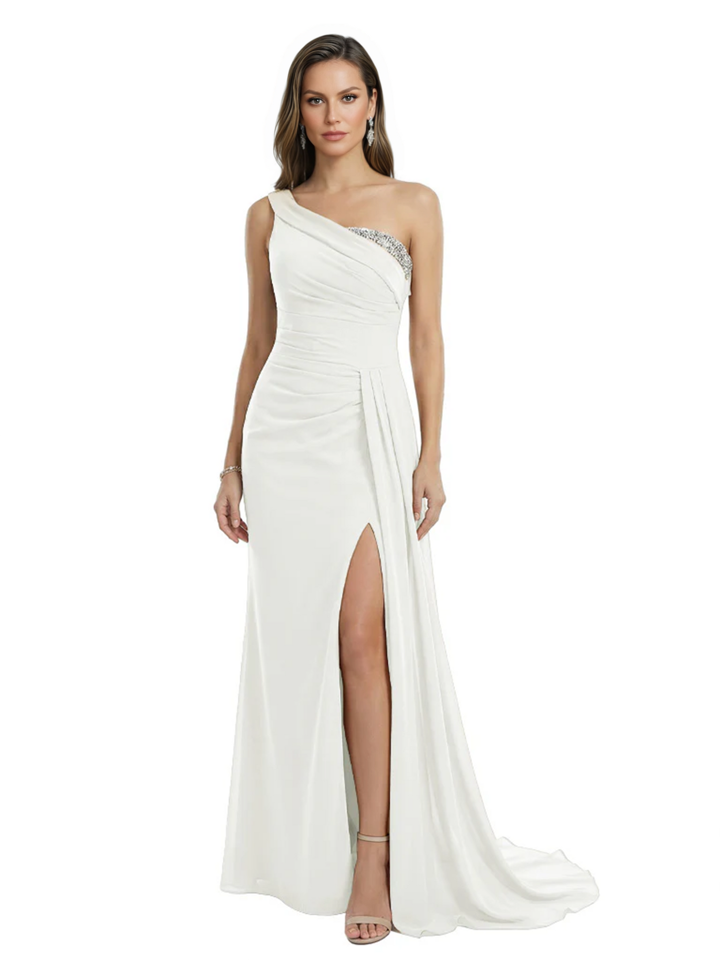One Shoulder Mother of Bride Dress Ruffle Formal Gowns Mermaid Floor Length Train Slit