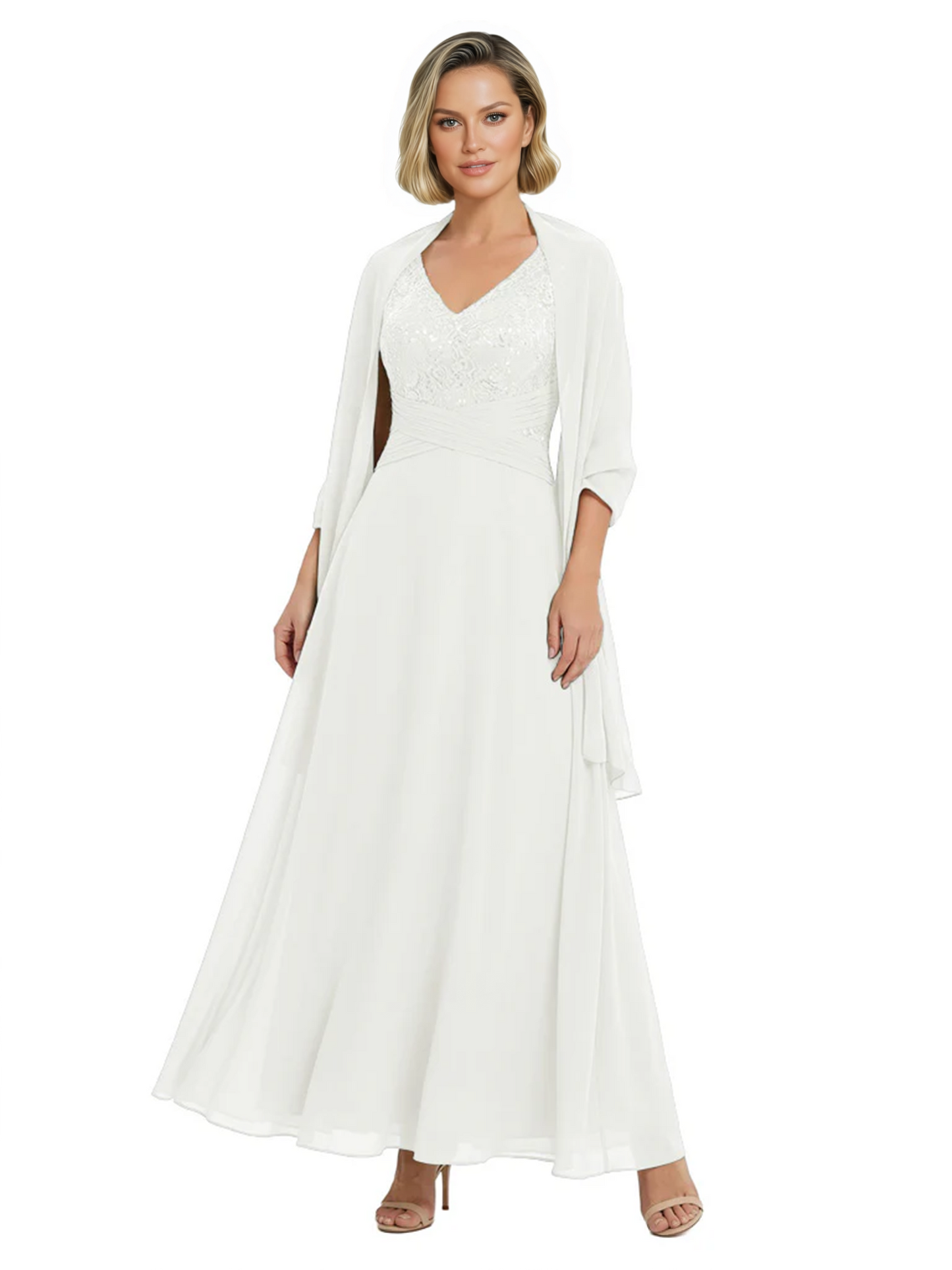 Luxury Formal Mother of Bride Dress Sparkling Sequin Top & Flowy Chiffon Skirt with Shawl