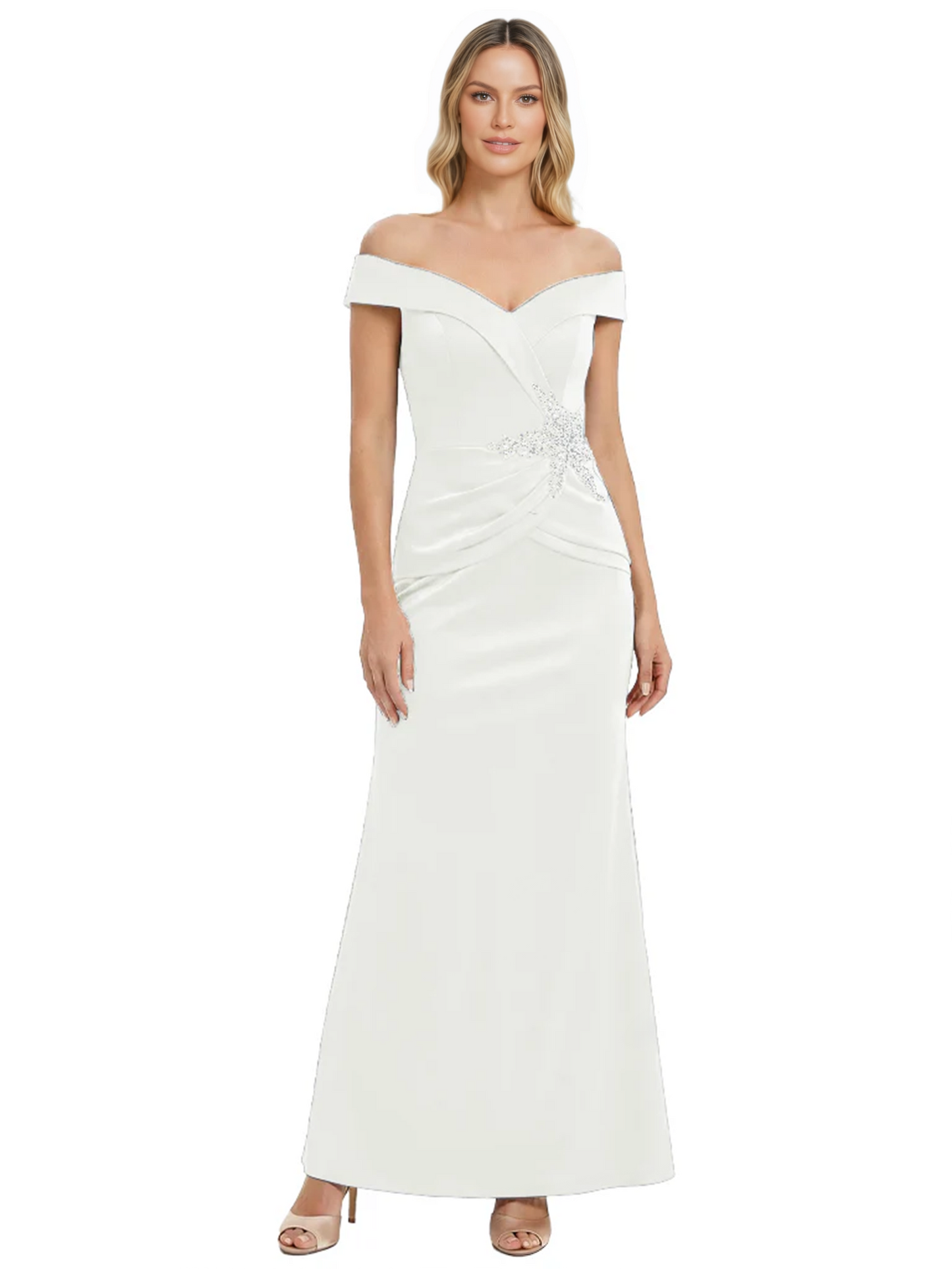 Off Shoulder Mother of the Bride Dress Beaded Waist Satin Gown Portrait Neckline