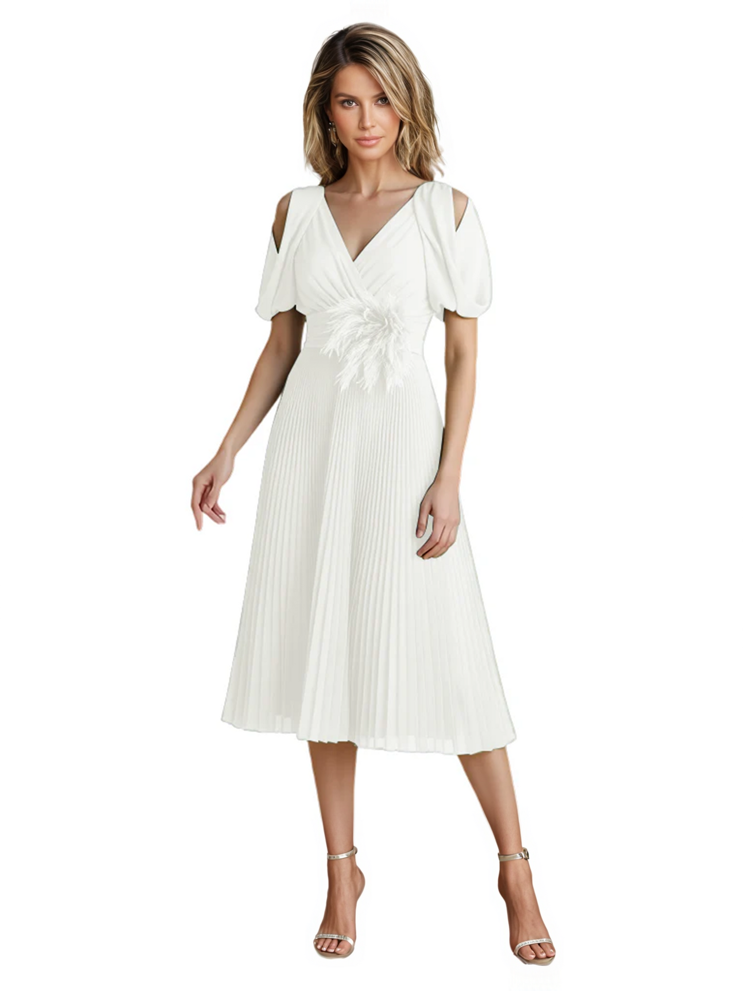 Wedding Formal Dress V-Neck Pleated Chiffon Gown with 3D Flower Accent Knee Length