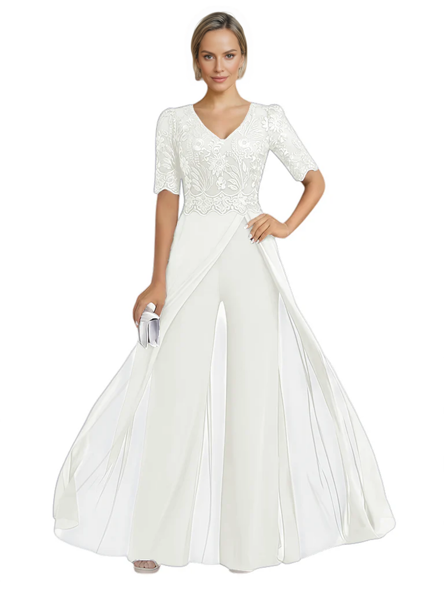 V-Neck Chiffon Mother of the Brides Jumpsuits Dresses Floor Length A-Line Lace