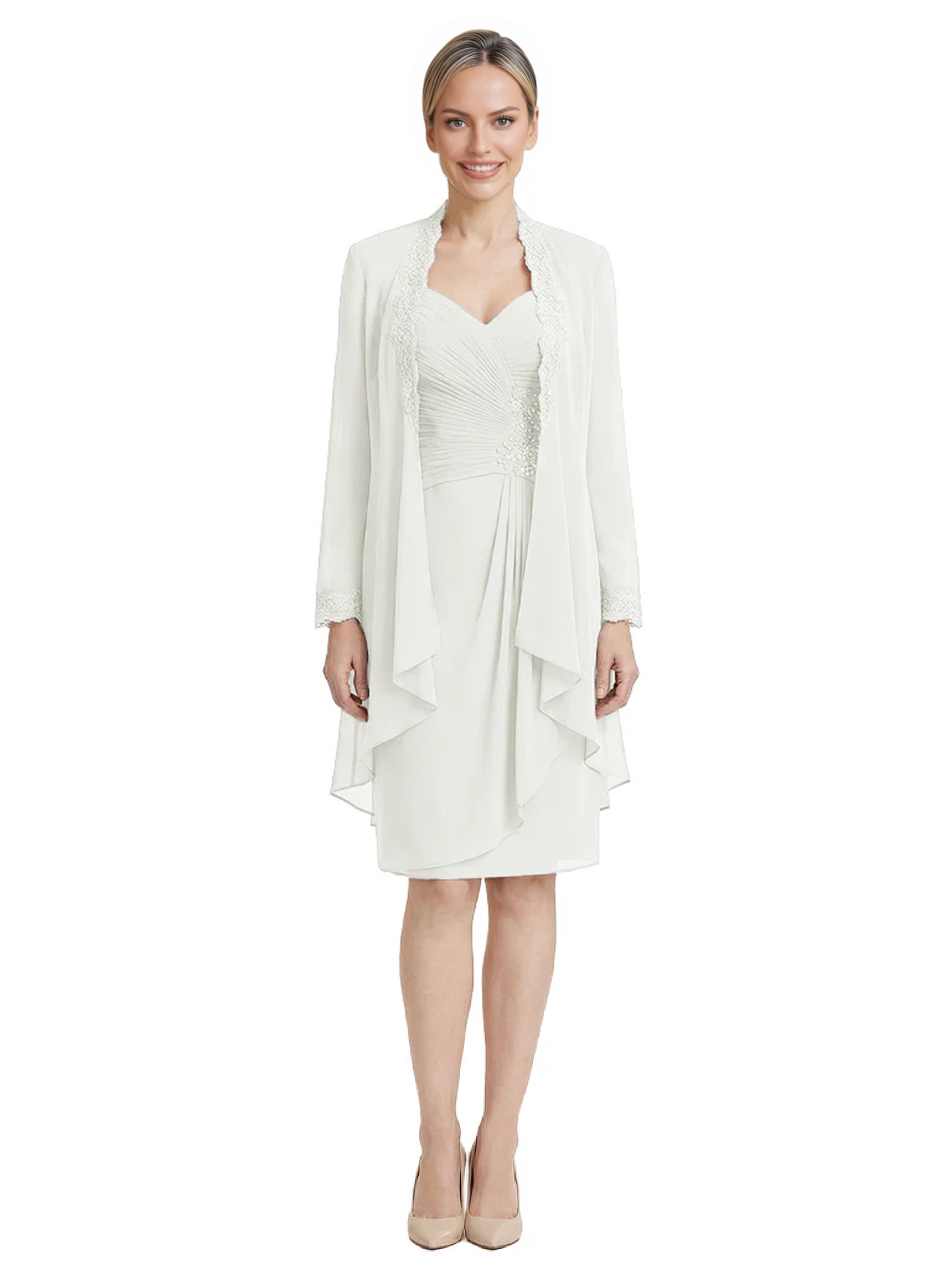 2PCS Knee Length Chiffon Mother of the Brides Dresses Short V-Neck