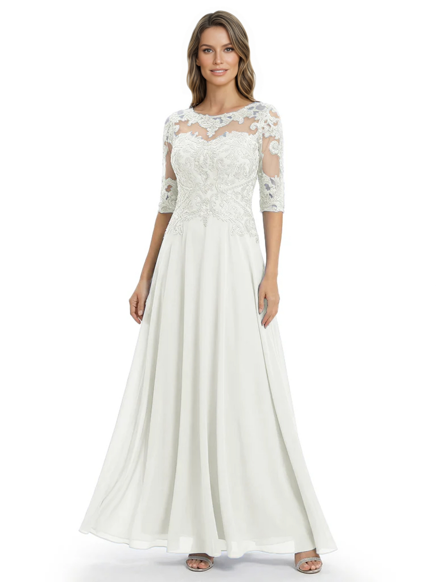Illusion Neck Mother of the Bride Dress Half Sleeve Lace Applique Gowns Chiffon