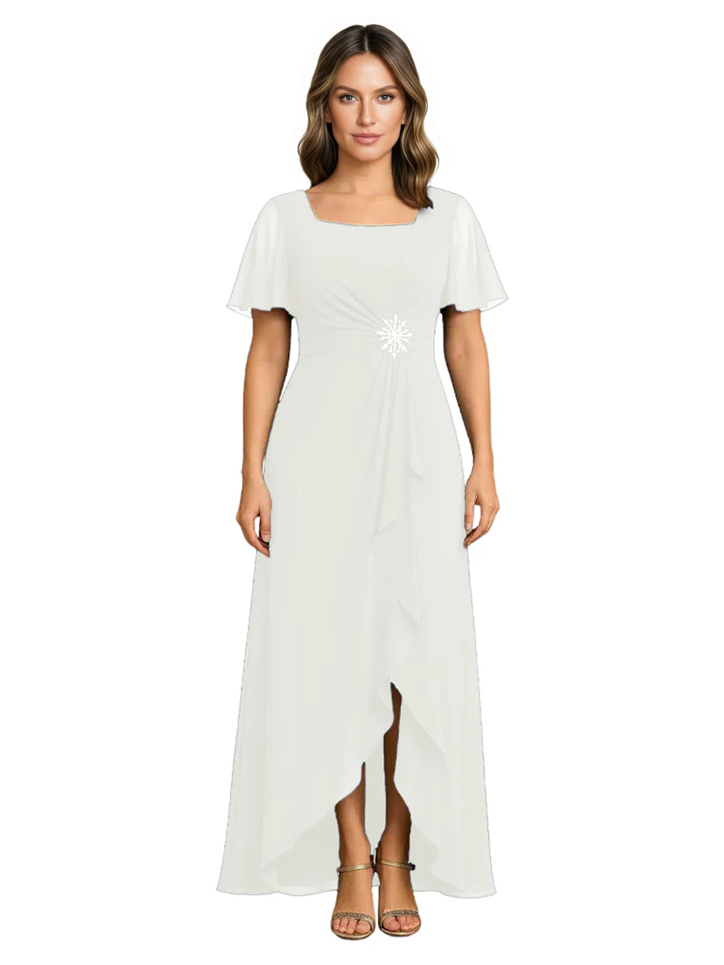 Formal High-Low Mother of the Bride Gown Sleeved Chiffon Maxi Dress Ruched Waist