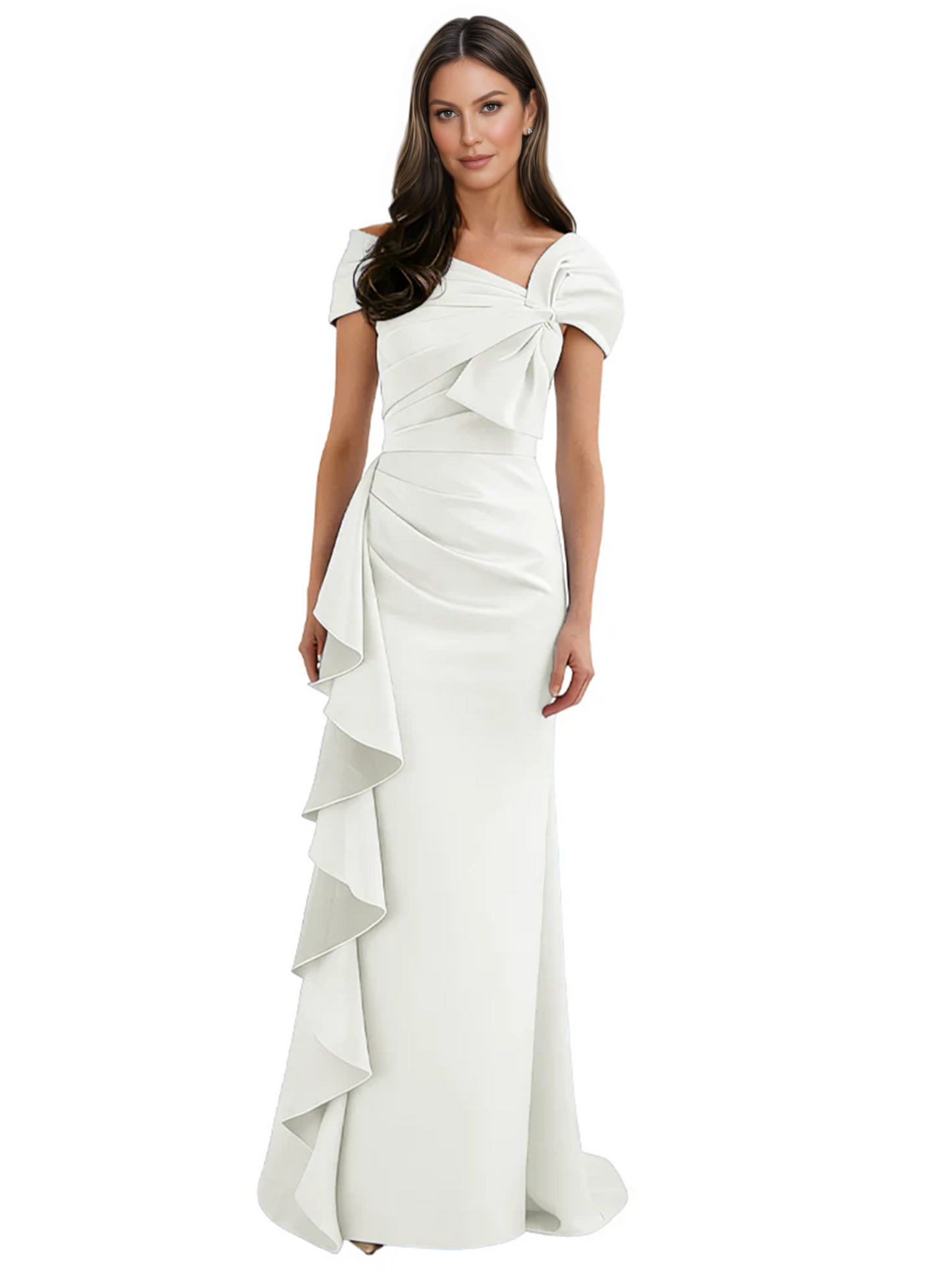 Elegant Mother of Bride Dress Formal Gowns Mermaid Ruffle Floor Length Asymmetric Neckline