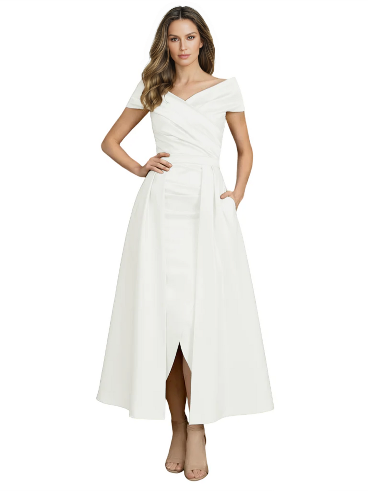 Formal Floor-Length Mother of the Bride Gown Satin Maxi Dress with Slit Off Shoulder