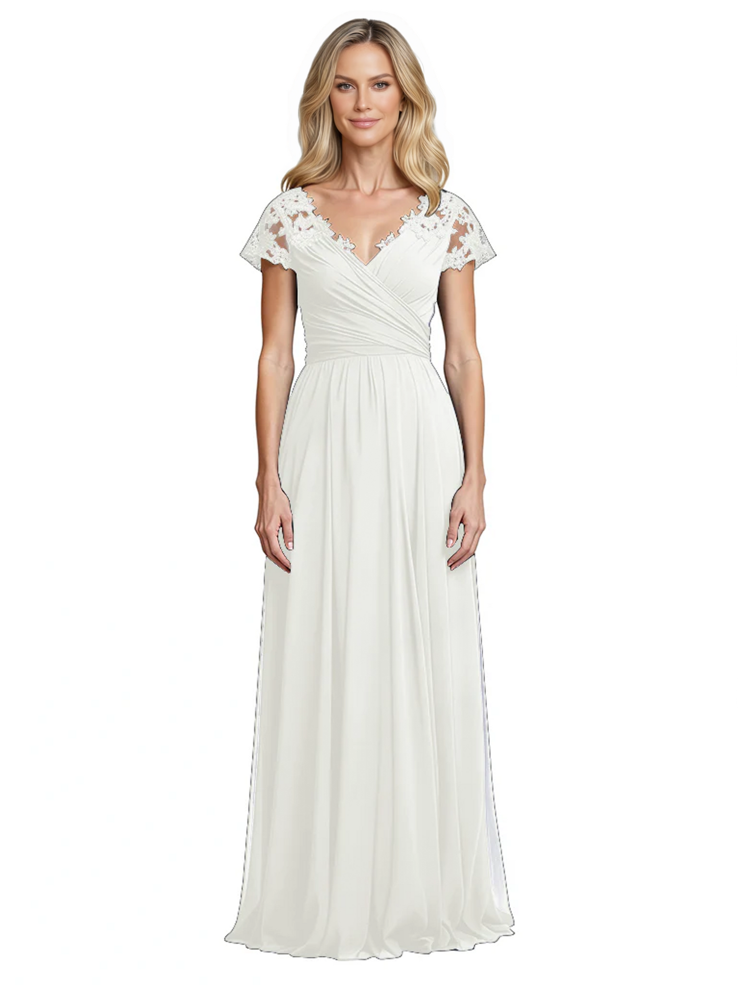 Mother of the Bride Dress Cap Sleeves and V-Neckline with Embroidered Lace Shoulders