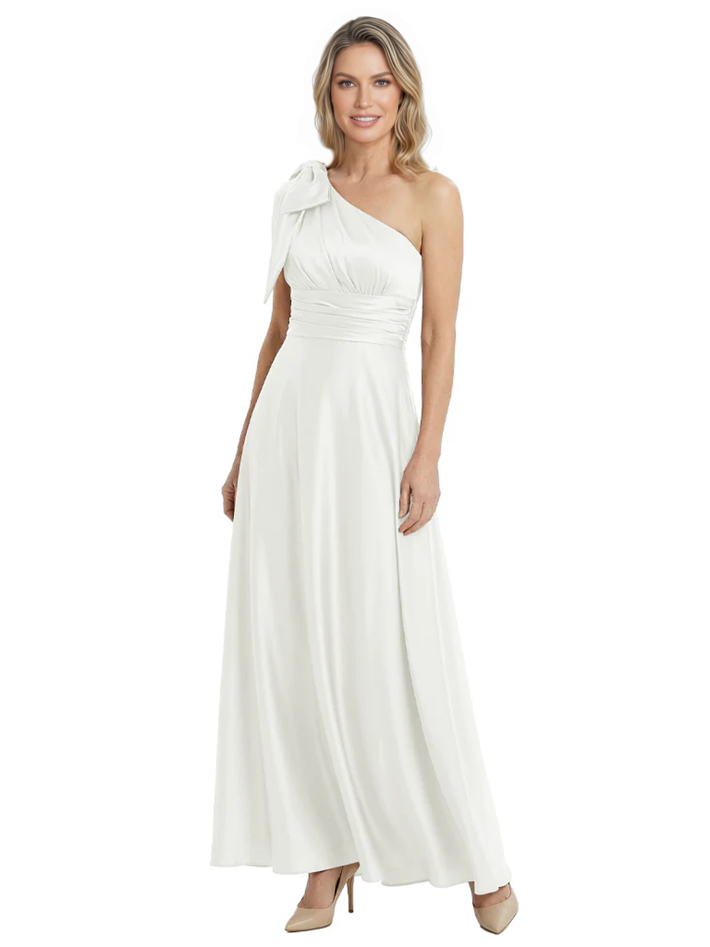 One-Shoulder Mother of the Bride Dress Satin Gown with Bow Ruched Empire Waist
