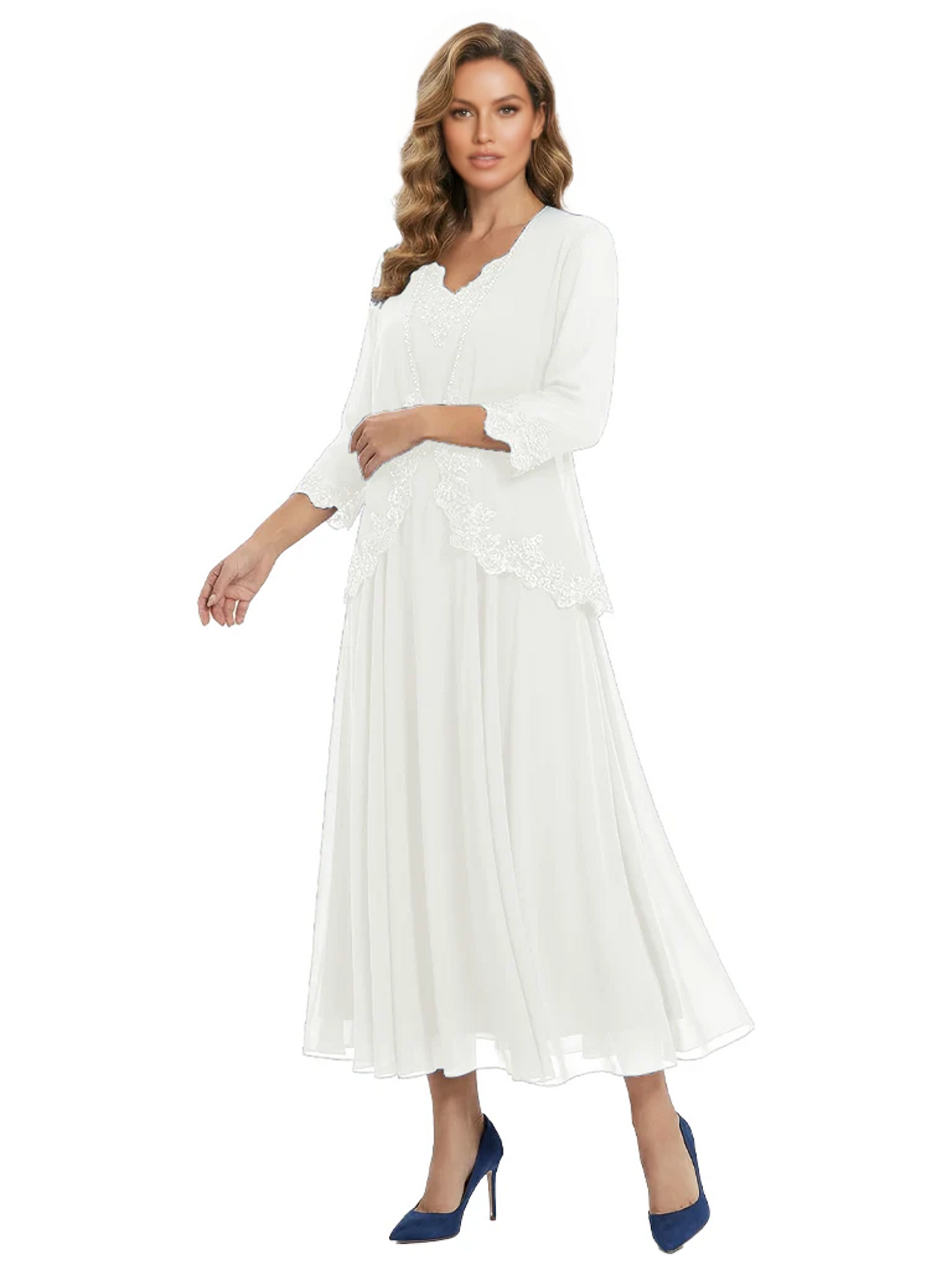 3/4 Sleeve Chiffon Mother of the Brides Dresses V-Neck Wedding Party Gowns