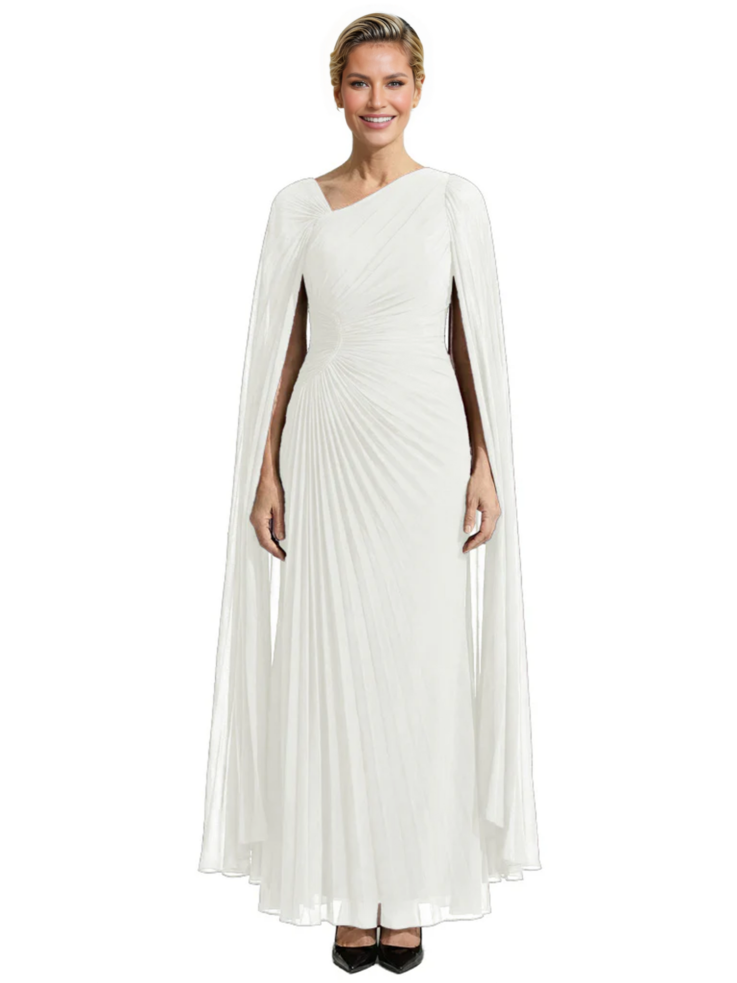 Elegant Asymmetric Neck Long A-Line Chiffon Mother of the Brides Dresses Mom Outfit with Cape